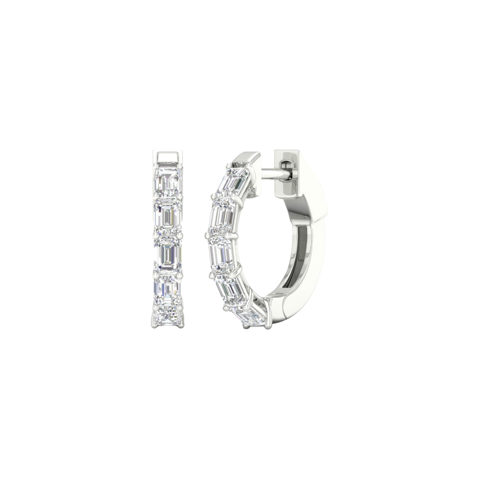 A pair of 14K white gold huggie hoops with horizontal baguette diamonds, displayed from both the side and front.