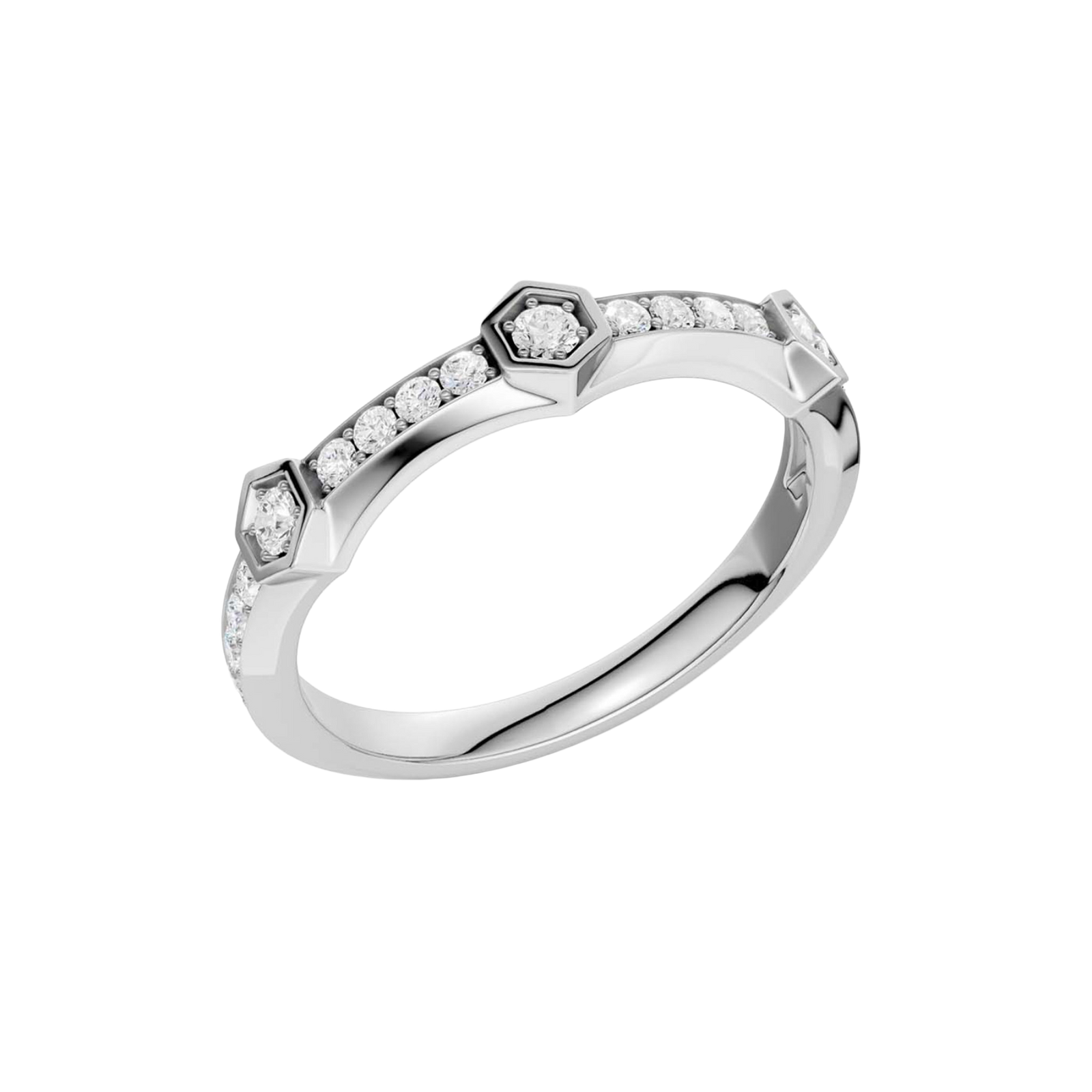 An angled view of a 14K white gold geometric ring, showcasing the geometric links and pavé diamonds.