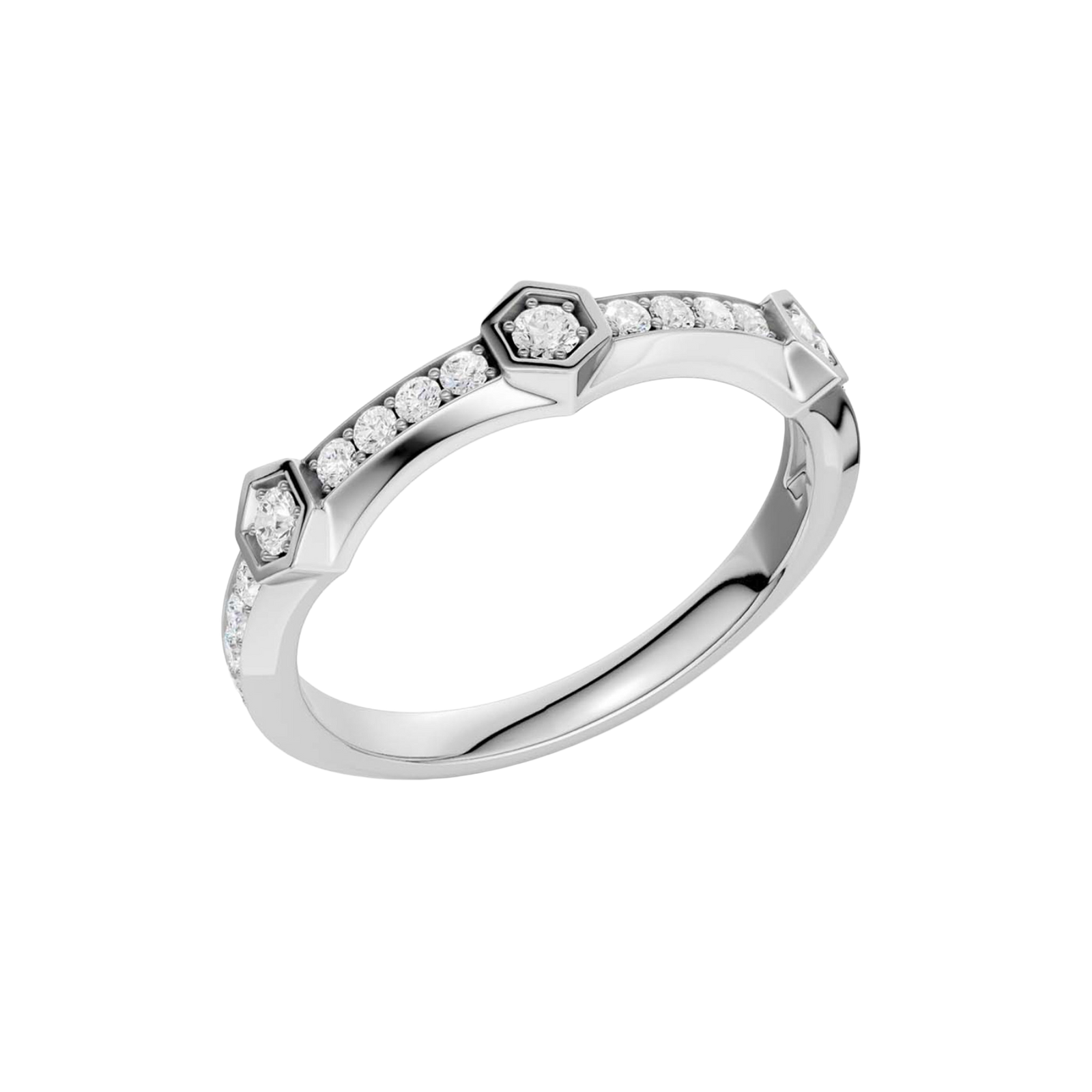 An angled view of a 14K white gold geometric ring, showcasing the geometric links and pavé diamonds.