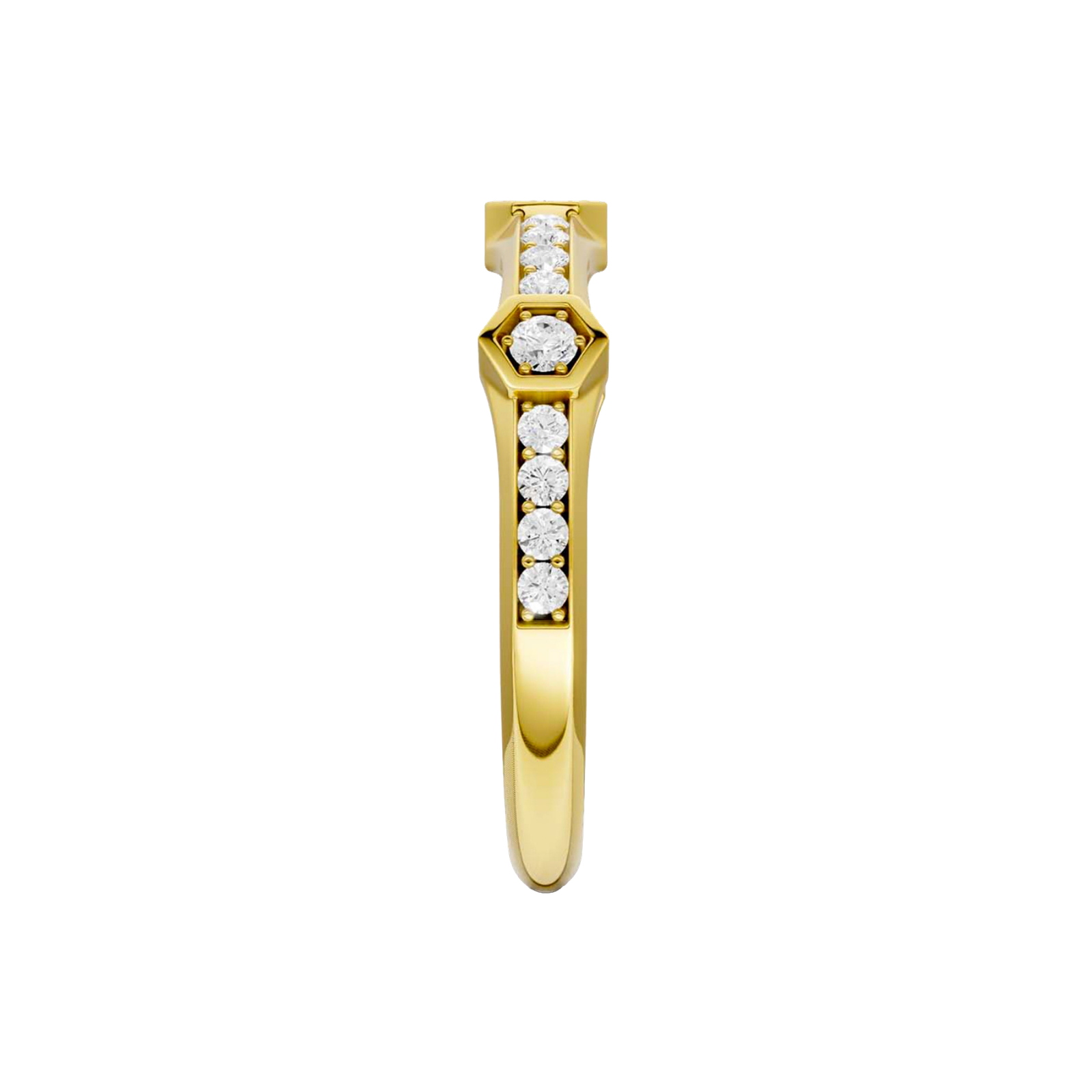 A side-profile view of a 14K yellow gold geometric ring, showing the fluid band and the bezel-set diamonds.