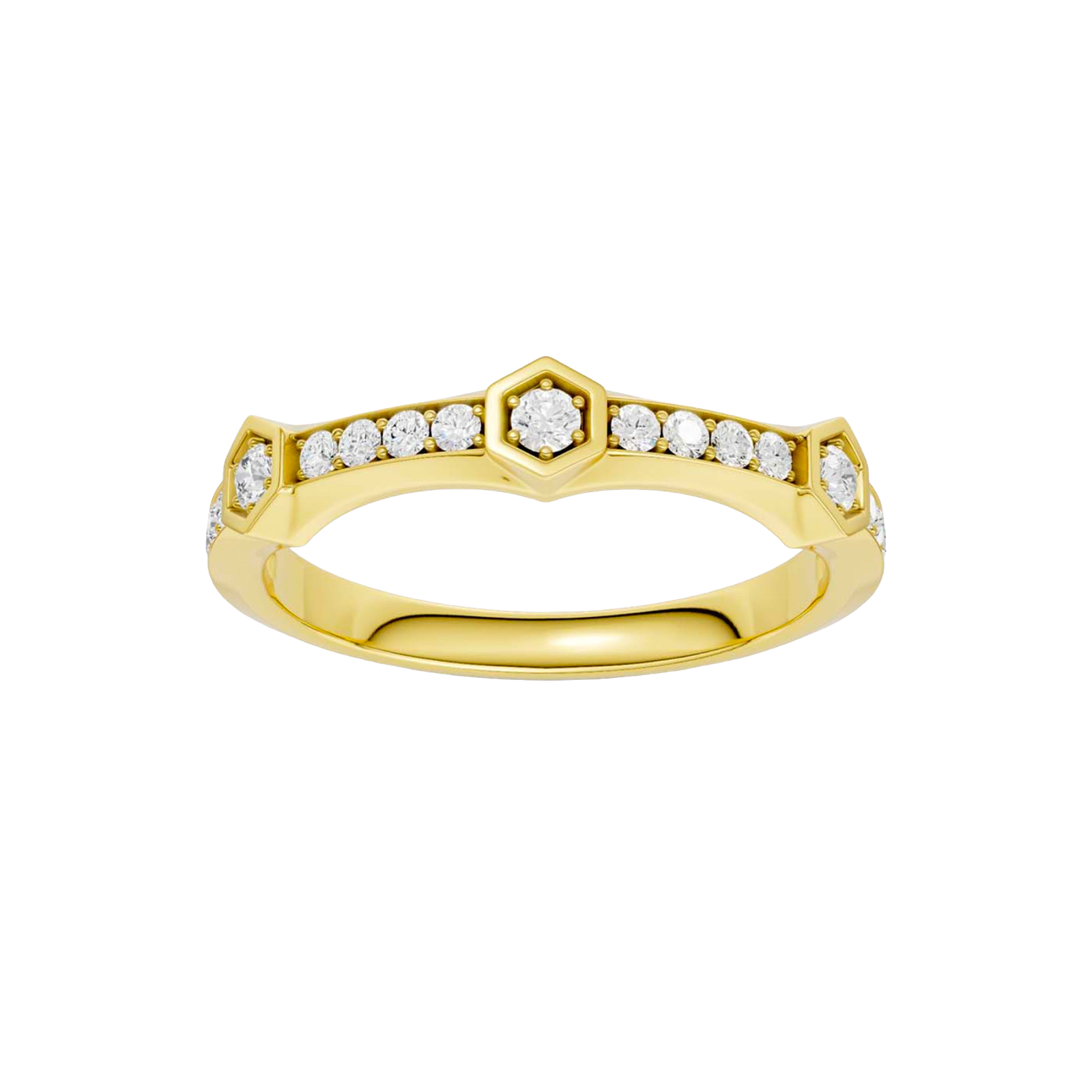 A top-down view of a 14K yellow gold ring with a series of geometric links and bezel-set diamonds.