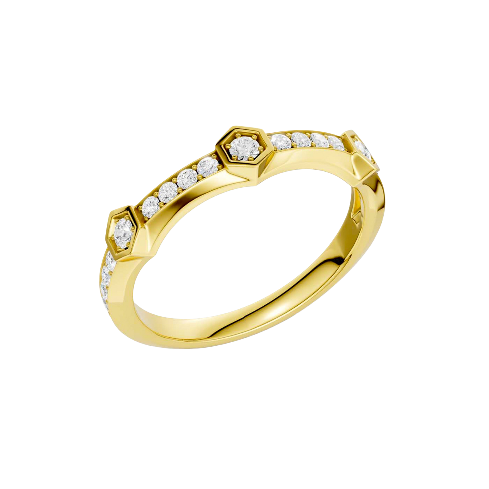 An angled view of a 14K yellow gold geometric ring, showcasing the geometric links and pavé diamonds.