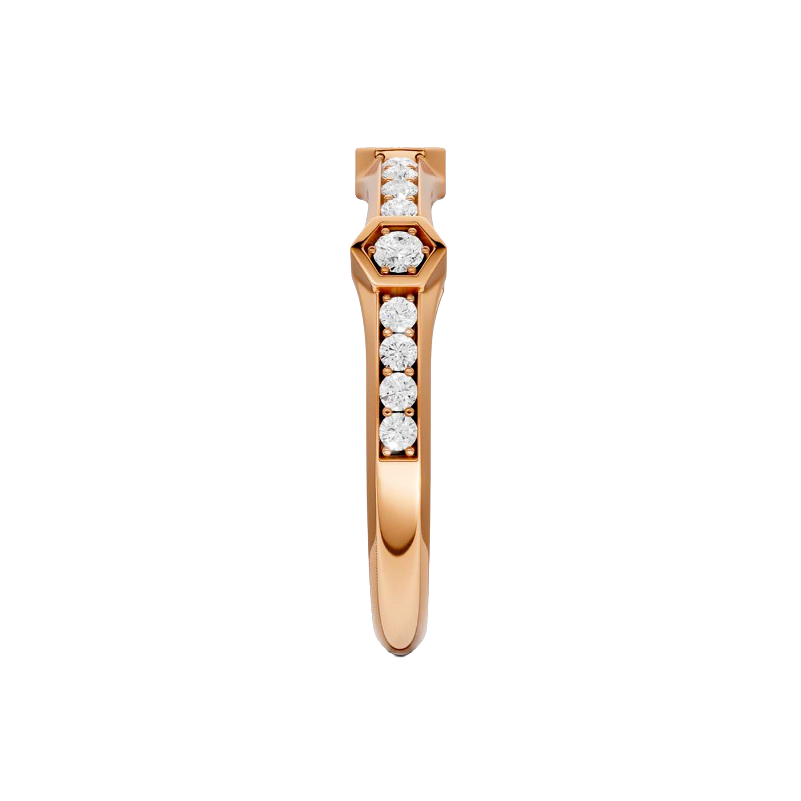 A side-profile view of a 14K rose gold geometric ring, showing the fluid band and the bezel-set diamonds.