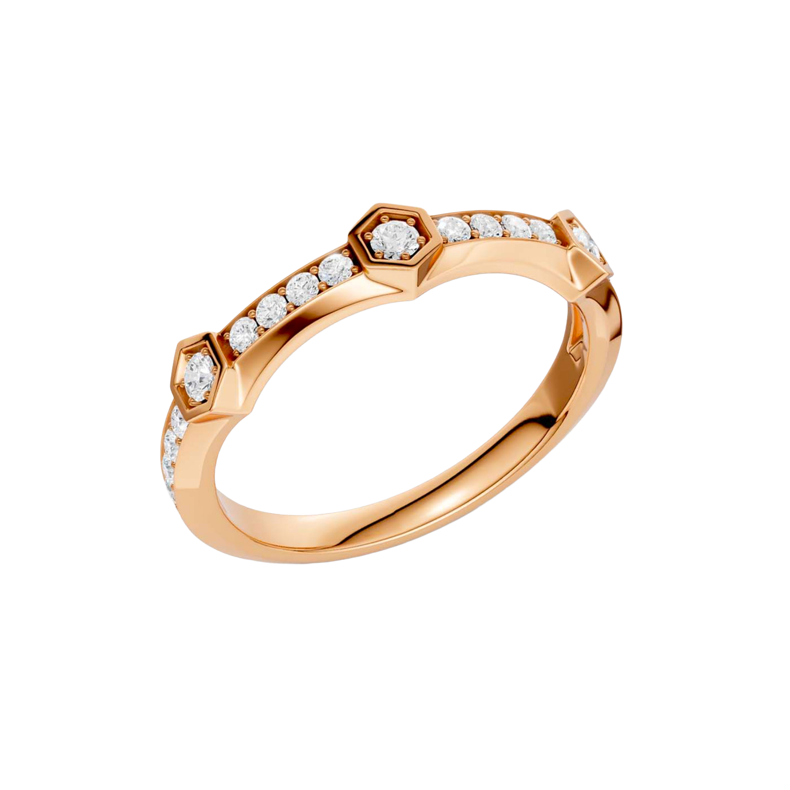 An angled view of a 14K rose gold geometric ring, showcasing the geometric links and pavé diamonds.