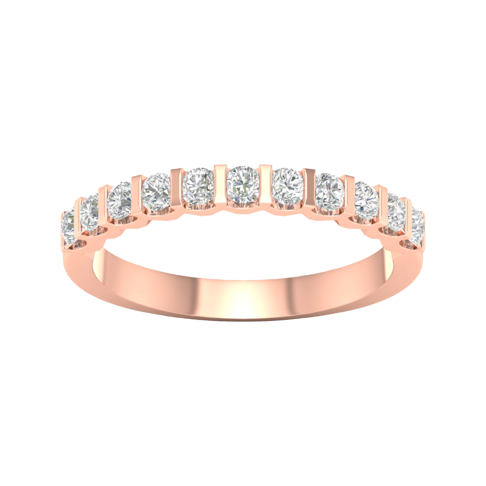 A top-down view of a 14K rose gold wide band ring with a continuous row of horizontally-set, square-cut diamonds.