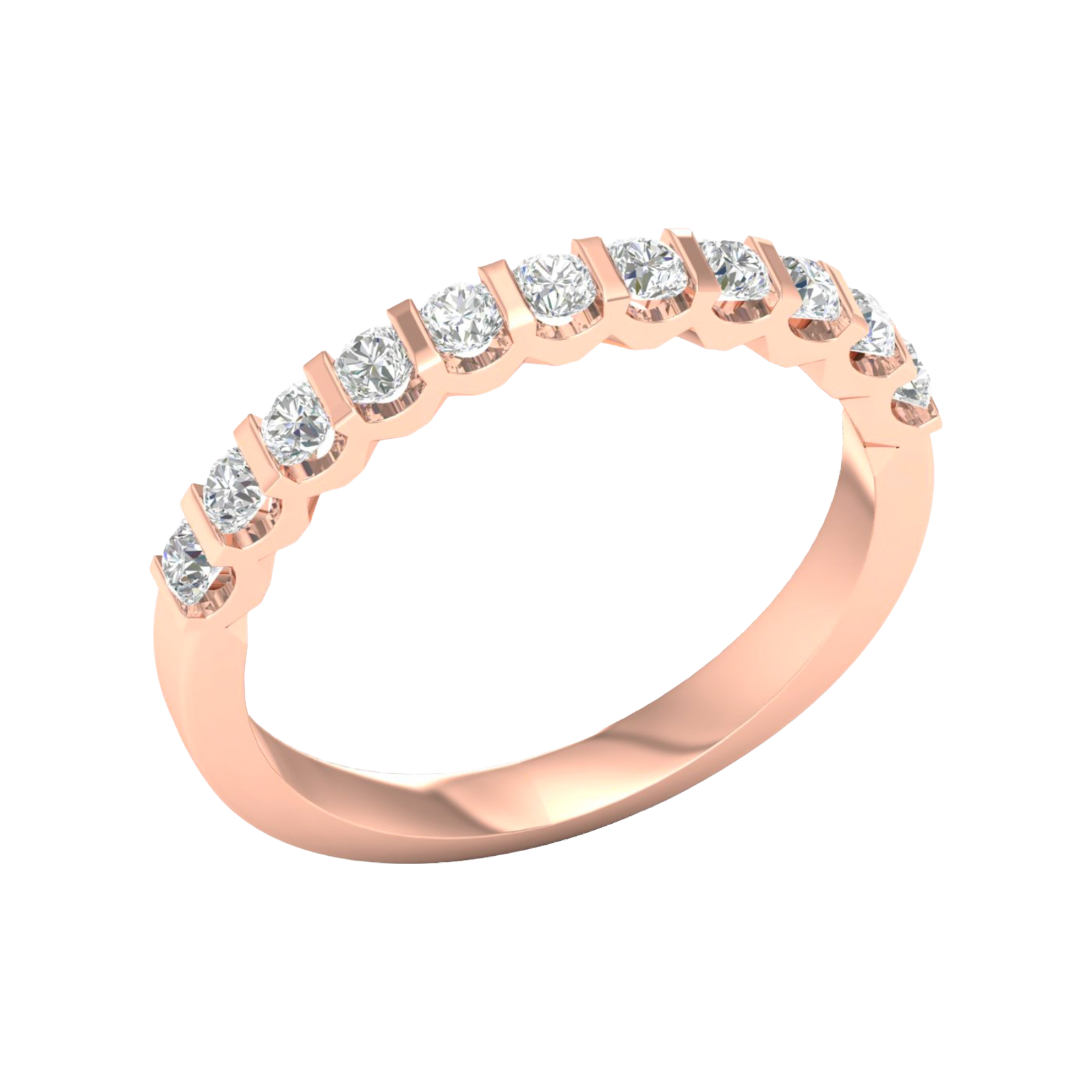 An angled view of a 14K rose gold wide band ring, showcasing the interwoven pattern of the square-cut diamonds.