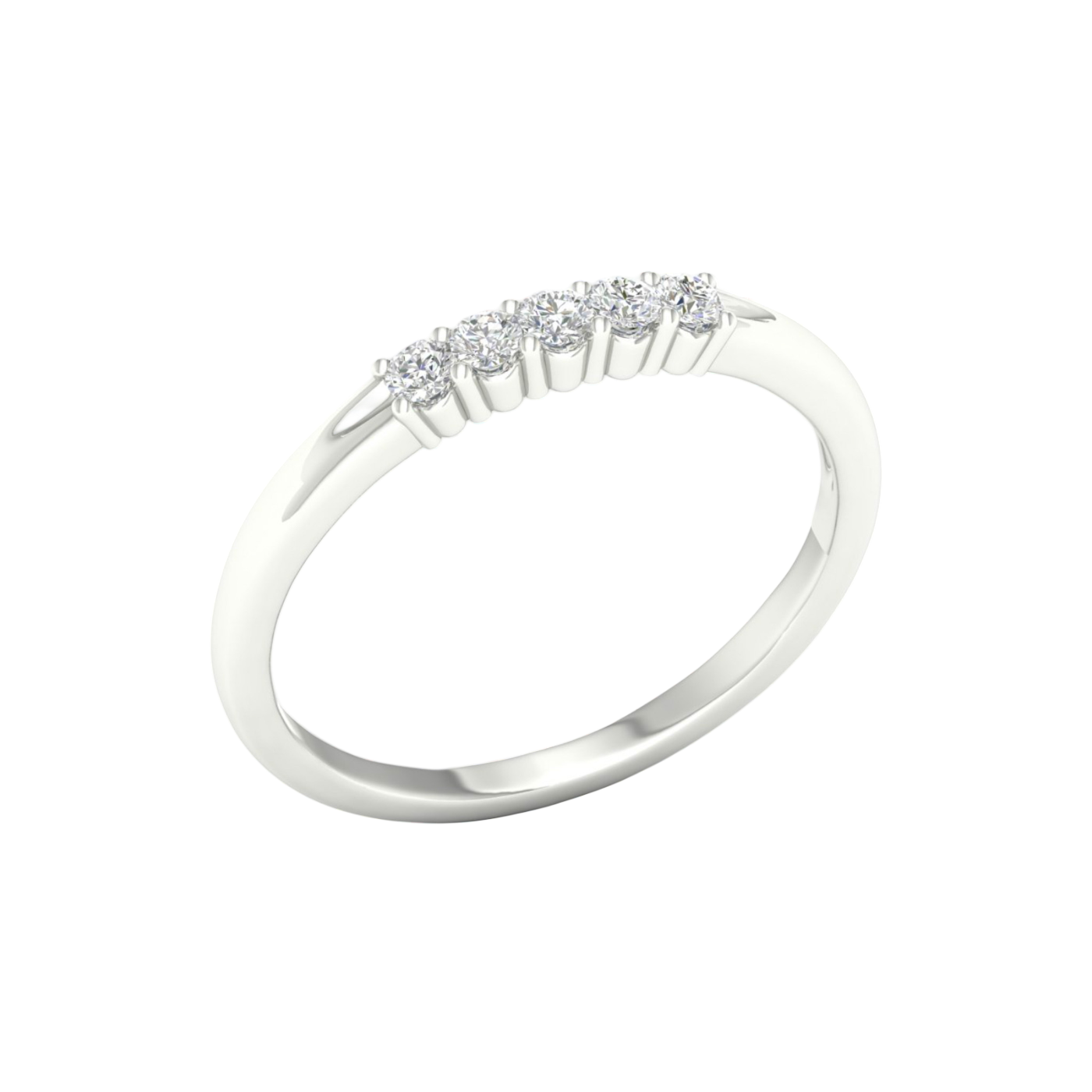 An angled view of a 14K white gold band ring, showcasing the five bezel-set round diamonds.