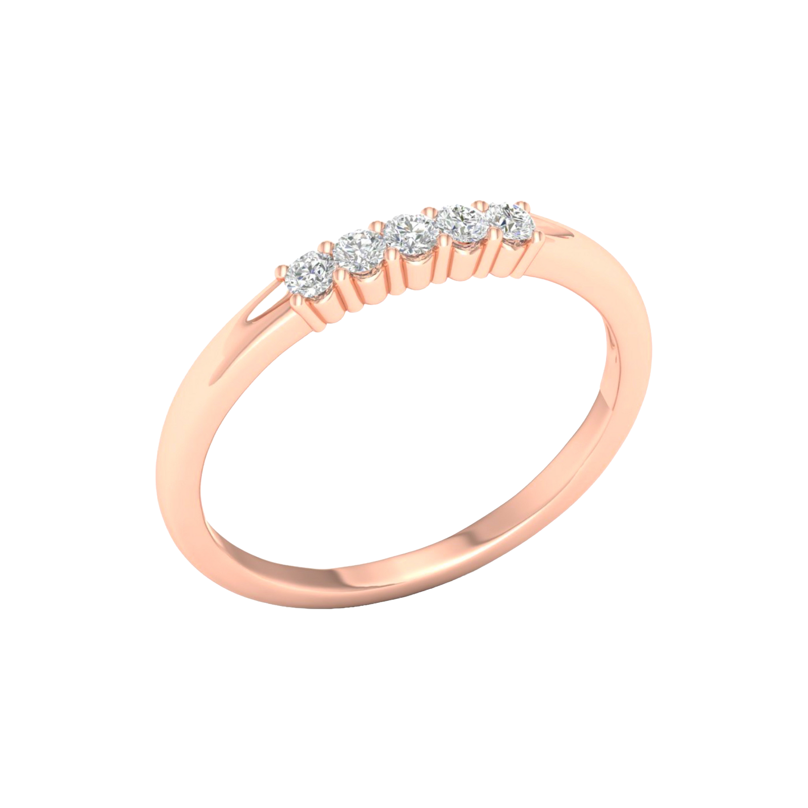 An angled view of Amorati Diamonds Starlight Ring. This ring is 10K rose gold with five brilliant EF/VS lab grown diamonds in a shared prong setting.