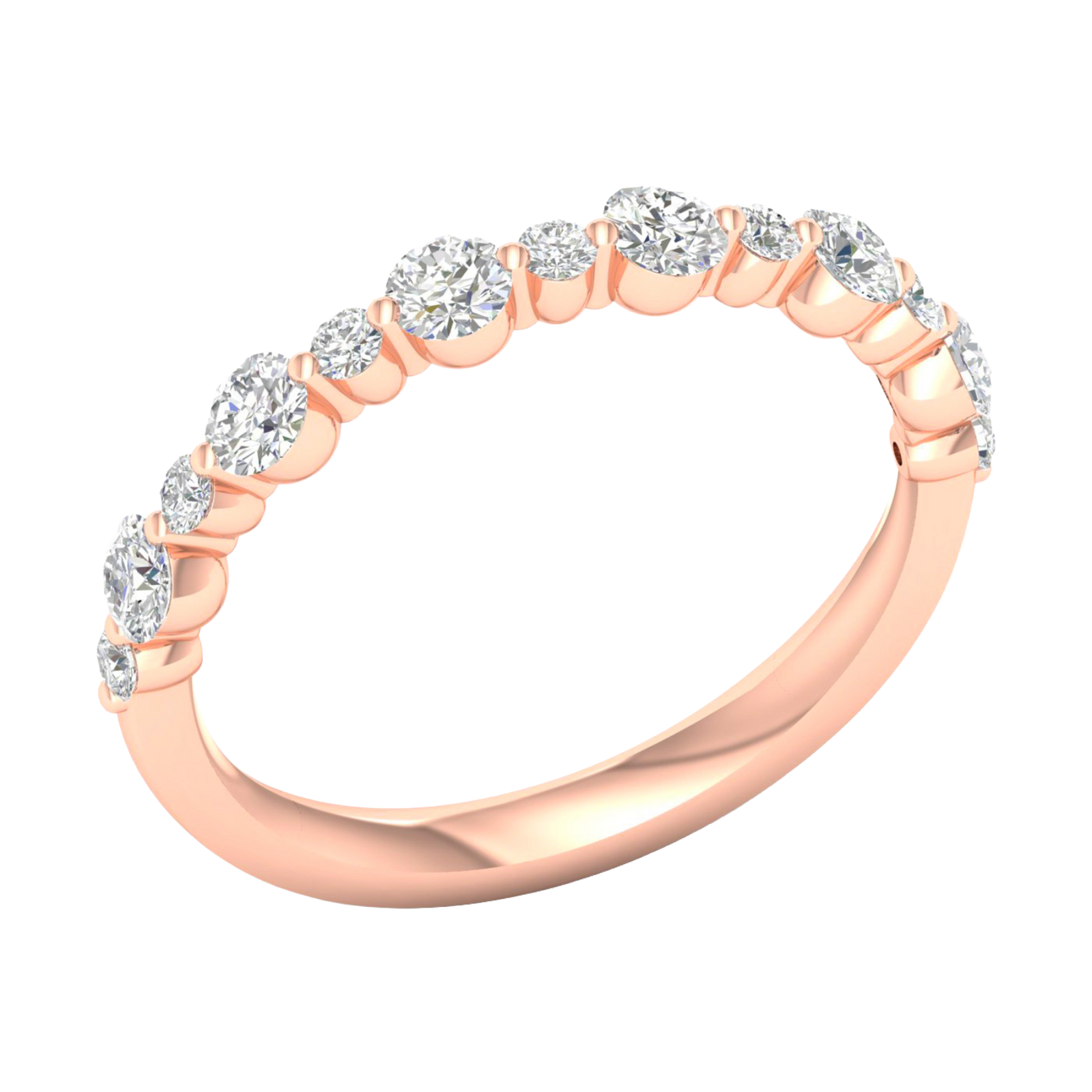 An angled view of a 14K rose gold band ring, showcasing the brilliant row of five round diamonds.