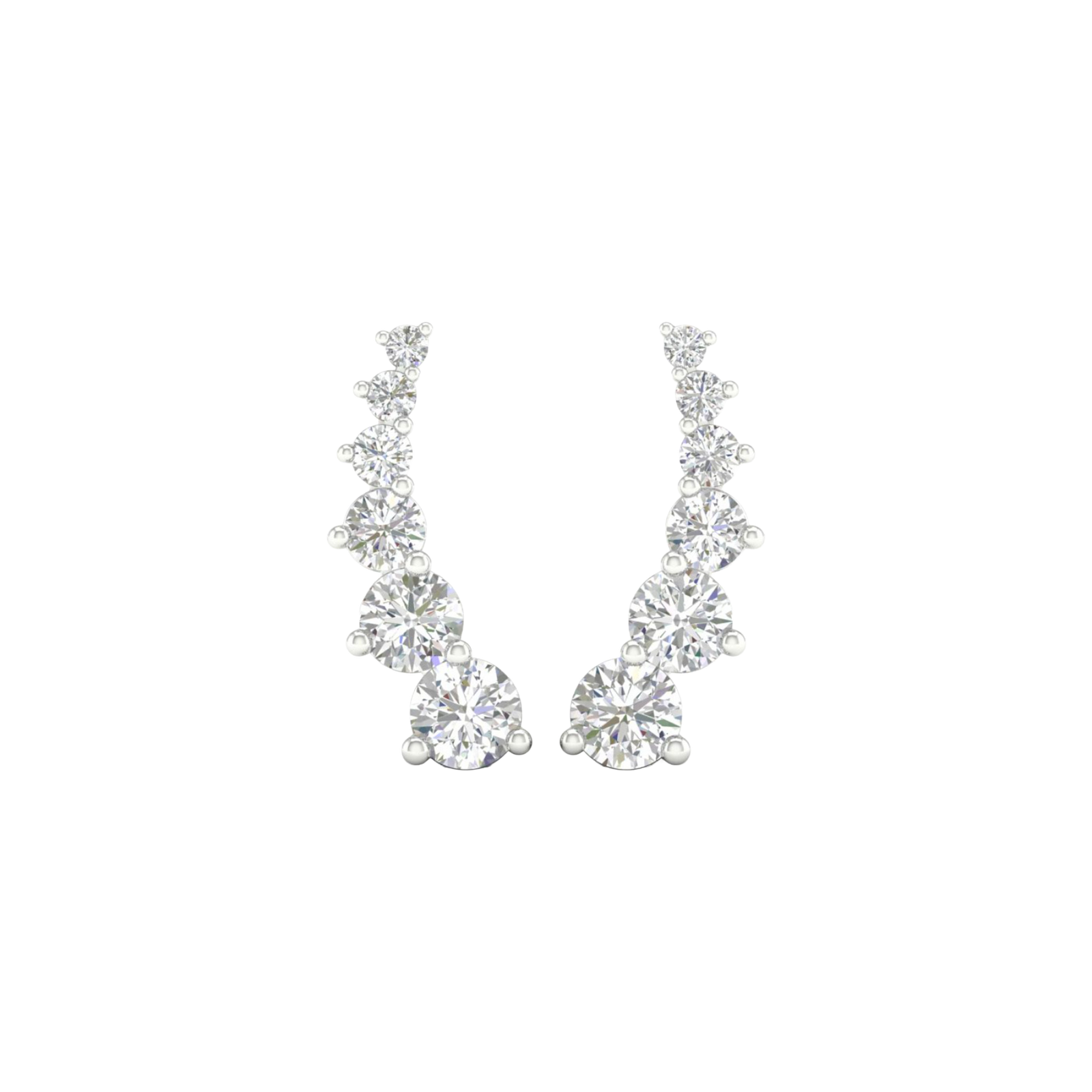 A pair of 14K white gold ear climber stud earrings with a line of graduated pavé diamonds, shown from the front.