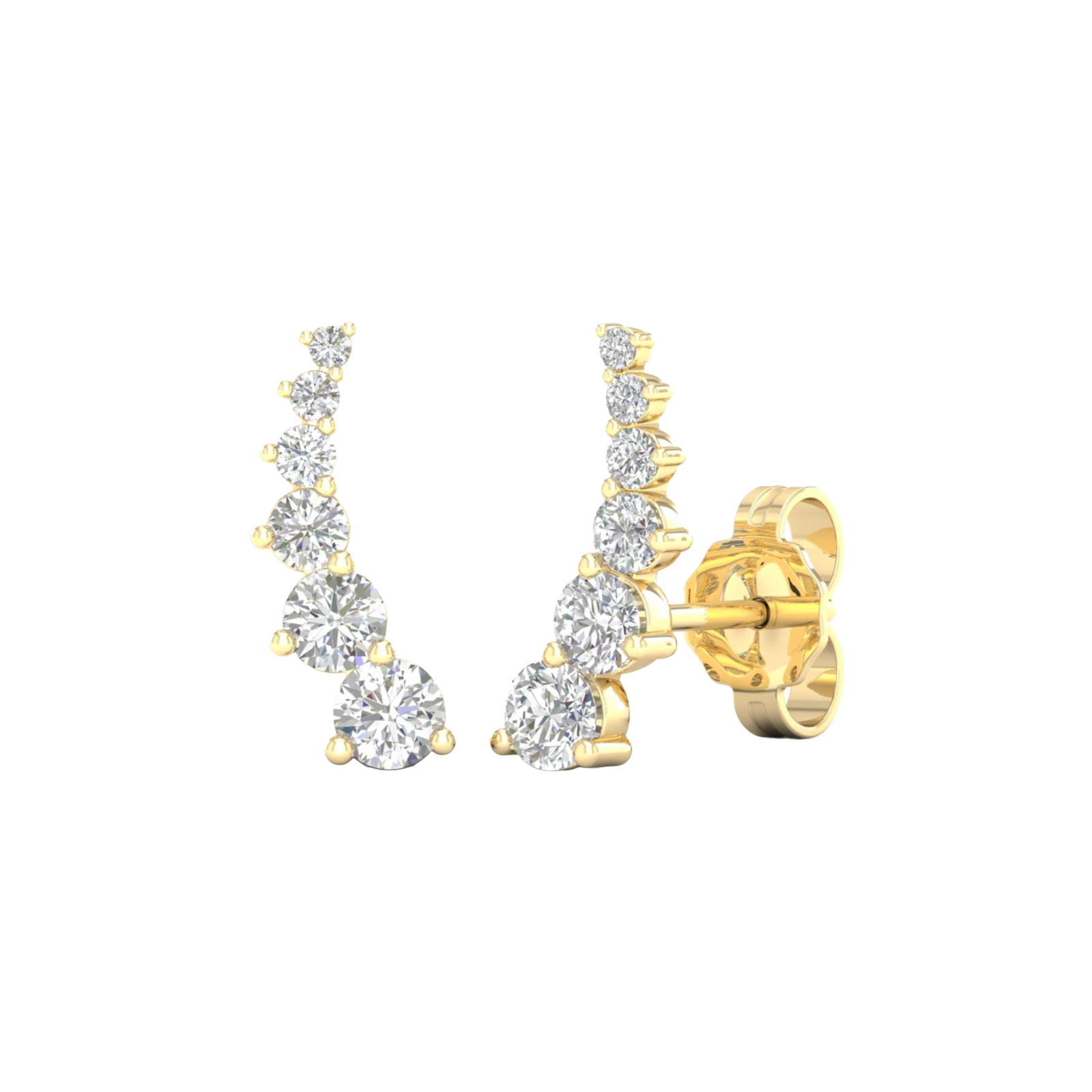 A side-angled view of Amorati Diamonds 14K yellow gold delicate diamond climber earring, showcasing the curved design and earring post.