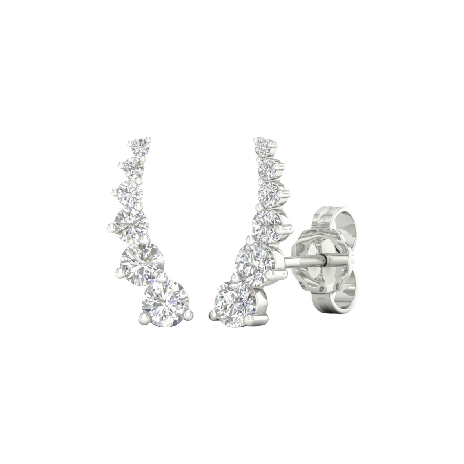 A side-angled view of an Amorati Diamonds 14K white gold delicate diamond climber earring, showcasing the curved design and earring post.