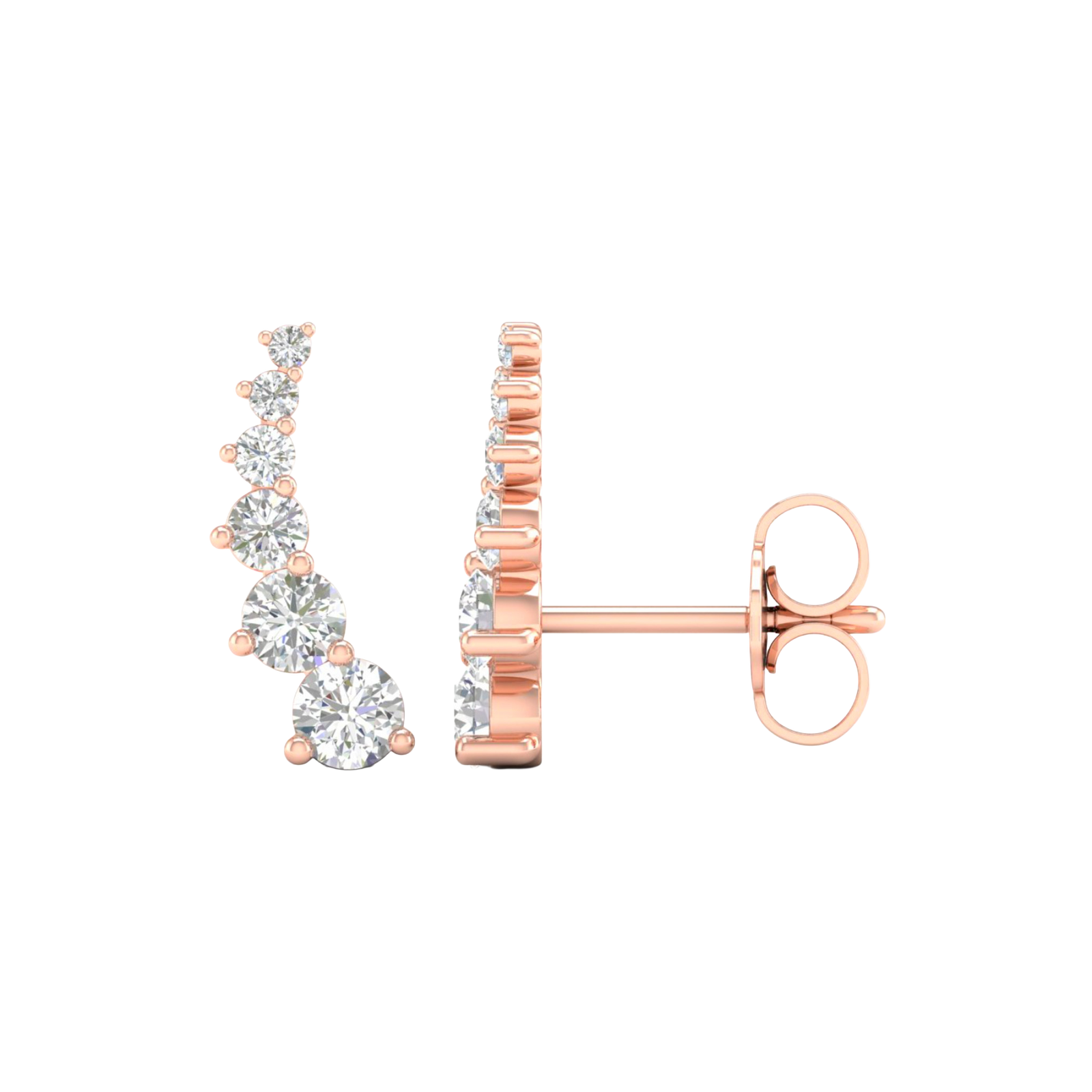 A front and side view of an Amorati Diamonds 14K rose gold delicate diamond climber earring, highlighting its elegant curve