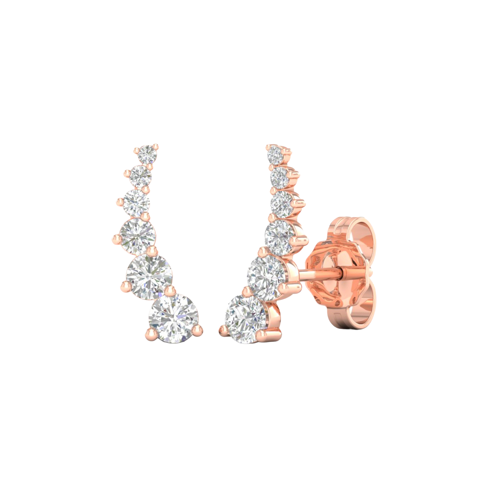 A side-angled view of an Amorati Diamonds 14K rose gold delicate diamond climber earring, showcasing the curved design and earring post.