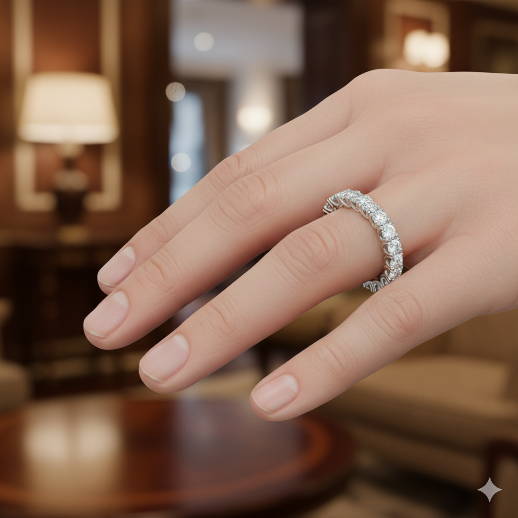 An angled view of a 14K white gold eternity ring, showcasing the brilliant line of pavé diamonds on a hand.
