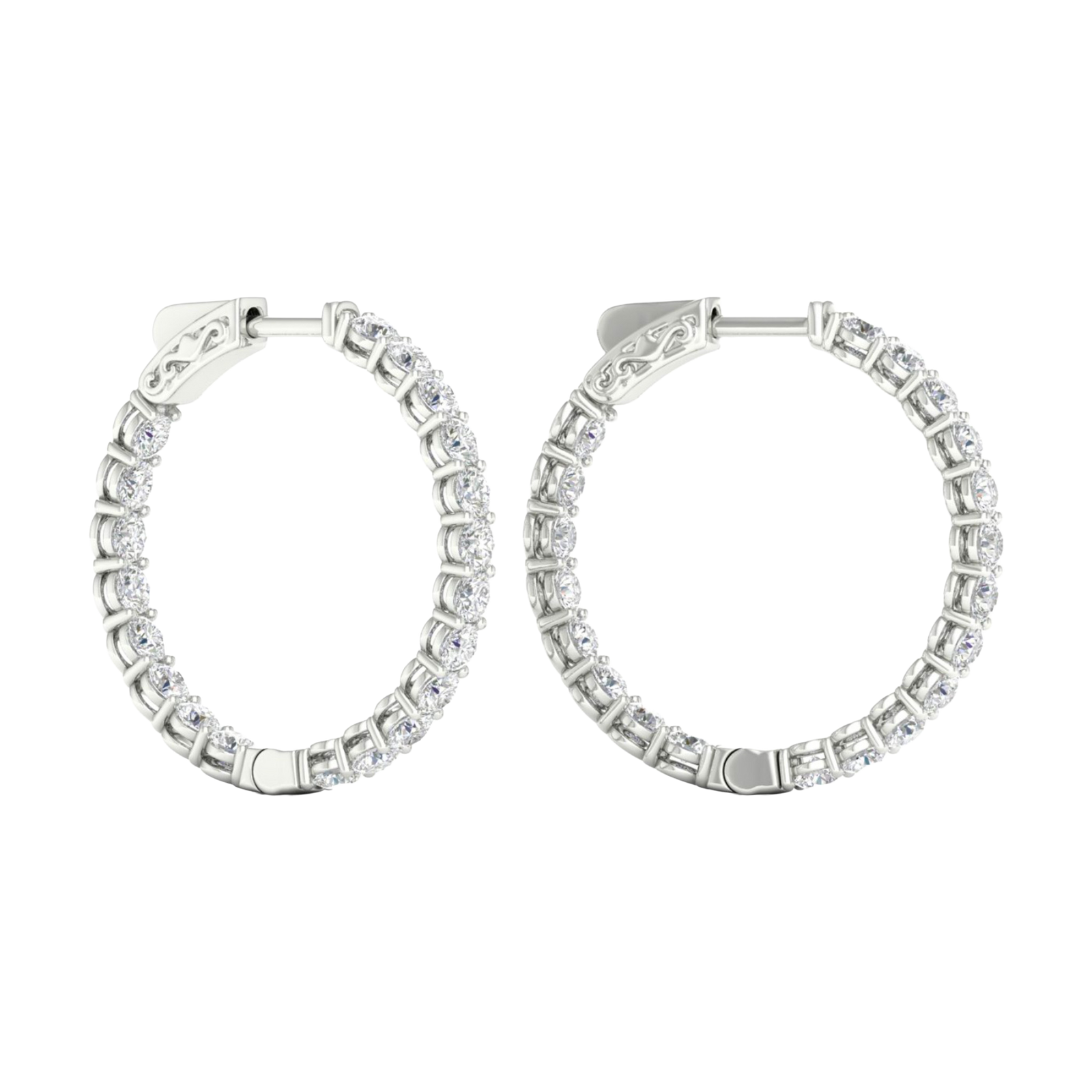A profile view of 14K white gold huggie hoop earrings, showing a continuous circle of brilliant, round-cut diamonds on the outer circumference.