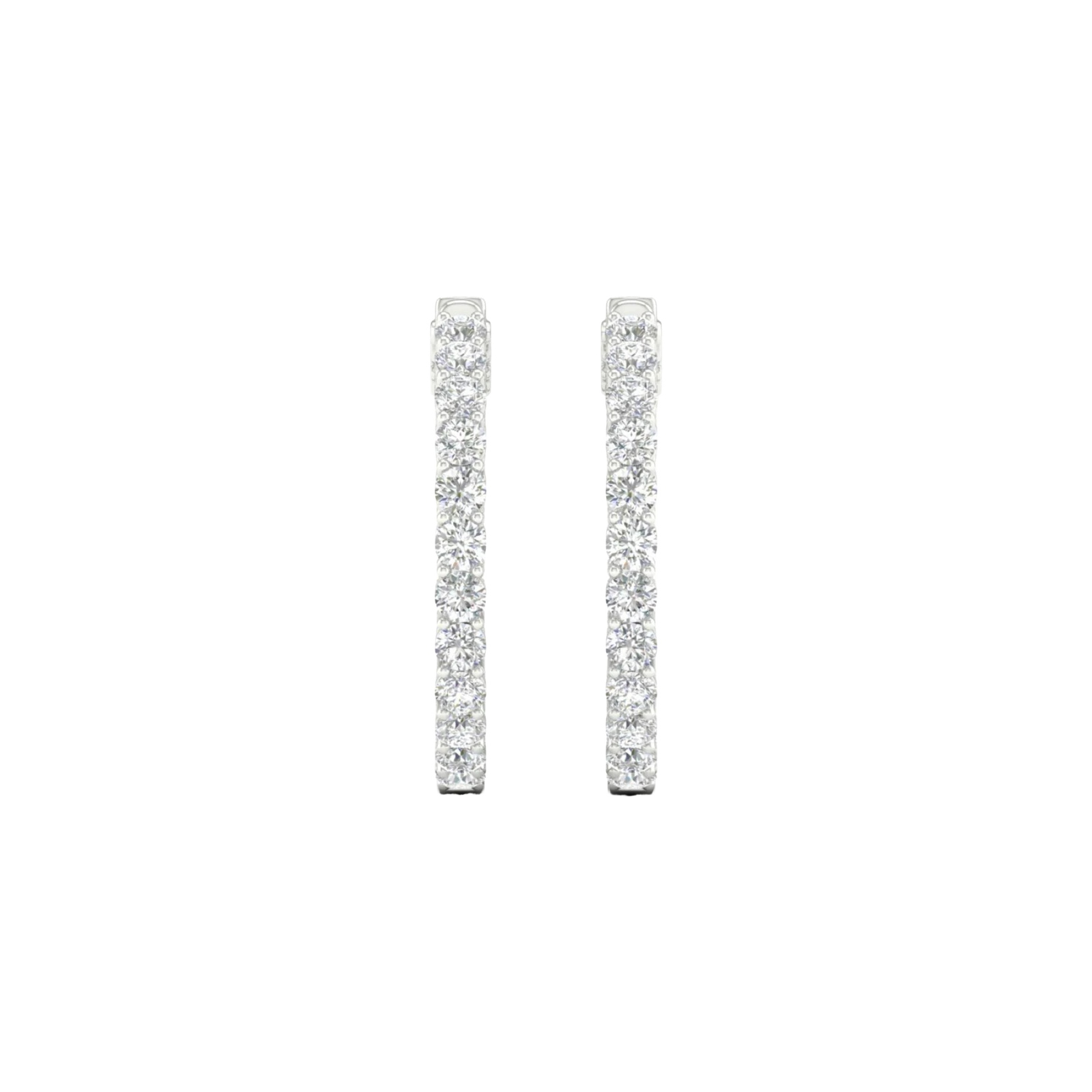A pair of 14K white gold huggie hoops with a continuous line of brilliant diamonds on the outer circumference, shown from the front.