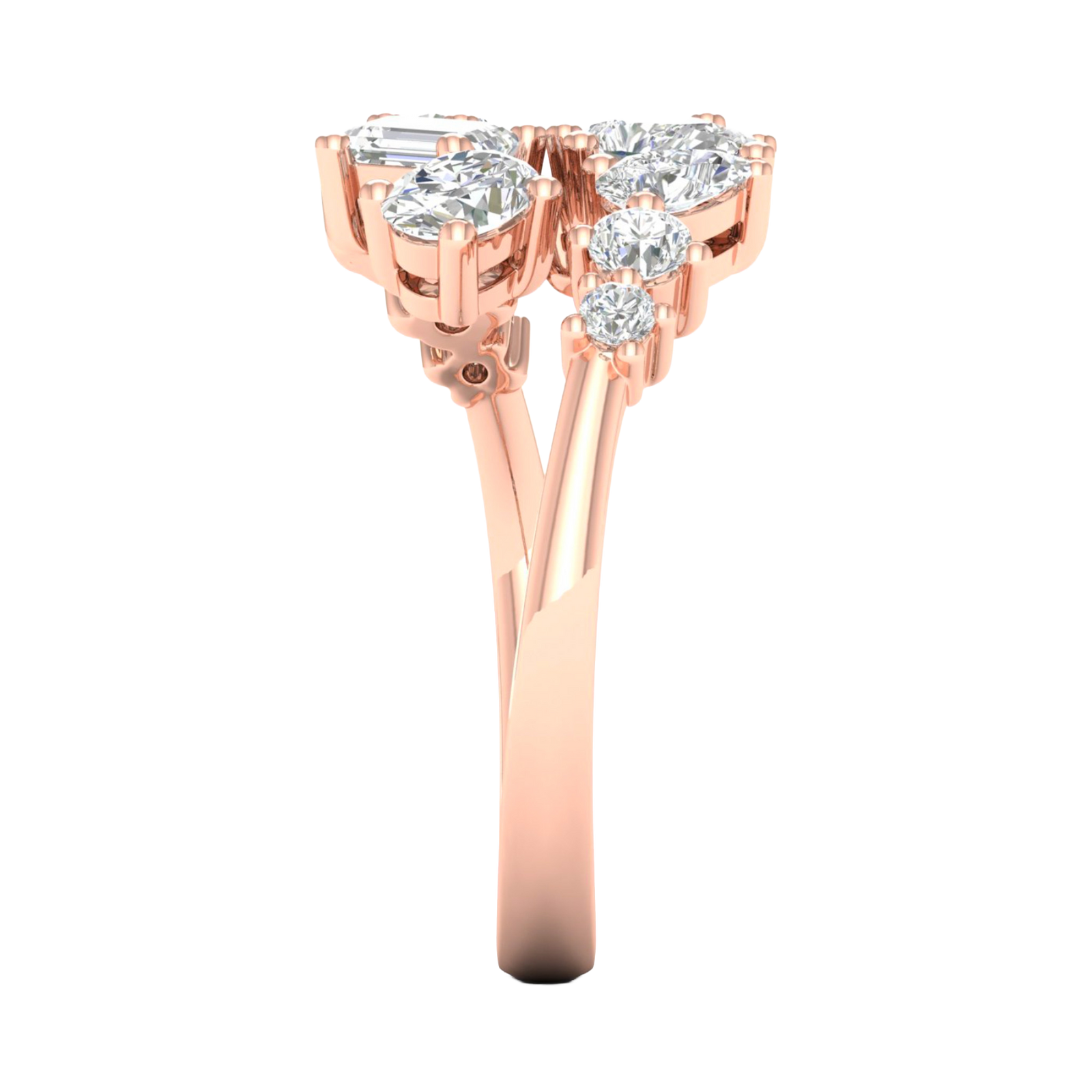 A side-profile view of a 14K rose gold ring, showing the flowing pavé band and the elevated diamond cluster.
