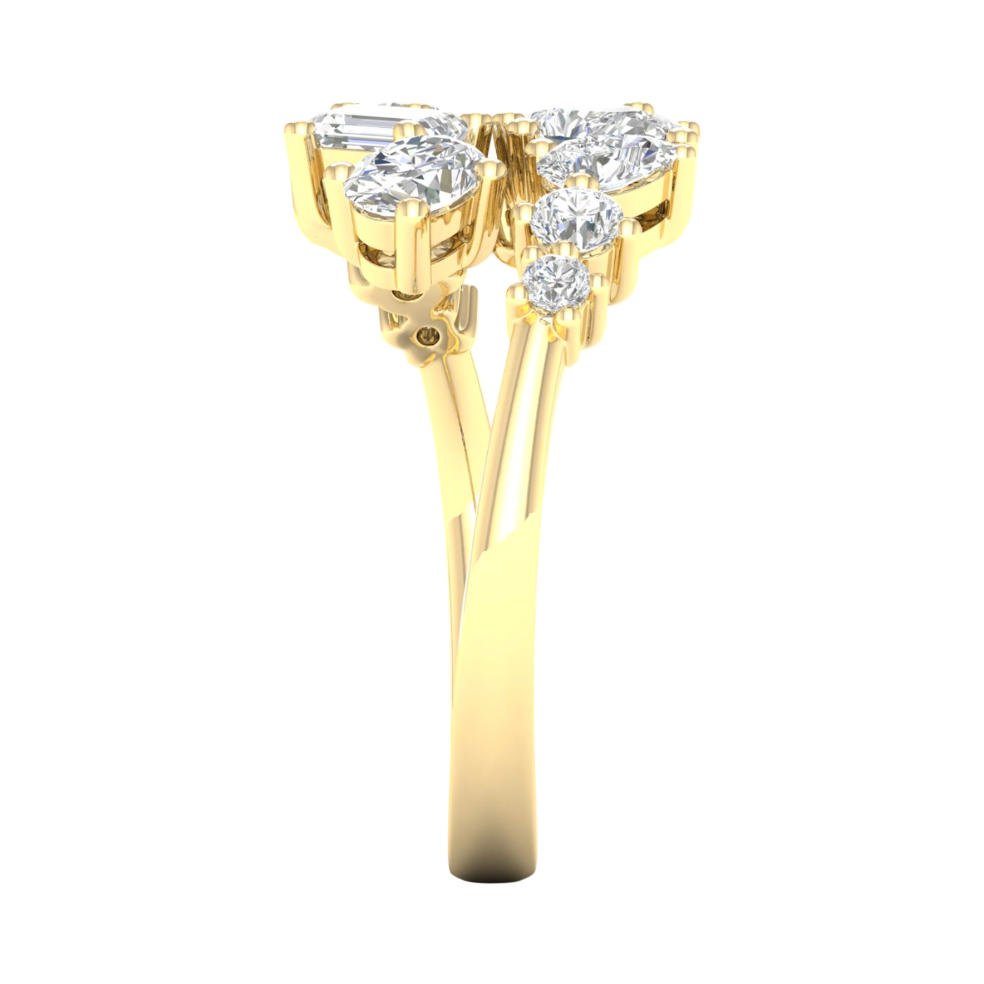 A side-profile view of a 14K yellow gold ring, showing the flowing pavé band and the elevated diamond cluster.