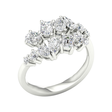 An angled view of a 14K white gold ring, showcasing the brilliant, mixed-shape diamond cluster.