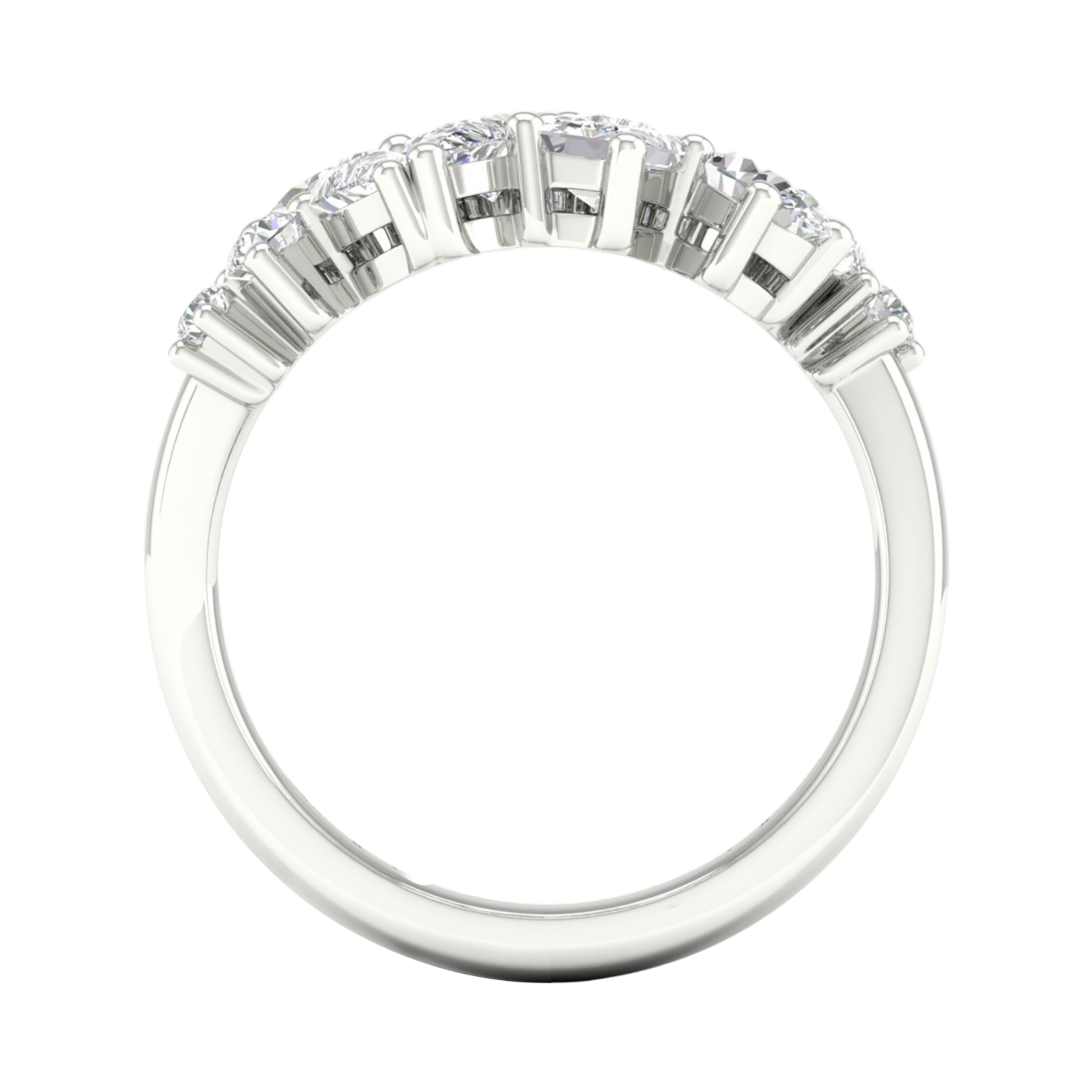 A side-profile view of a 14K white gold ring, showing the flowing pavé band and the elevated diamond cluster.