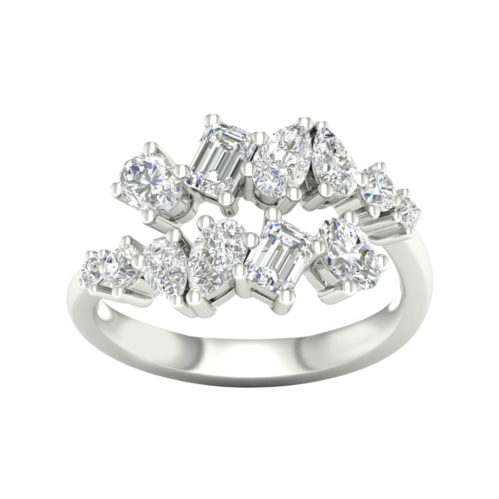 A top-down view of a 14K white gold ring with a large, asymmetrical cluster of various diamond shapes.