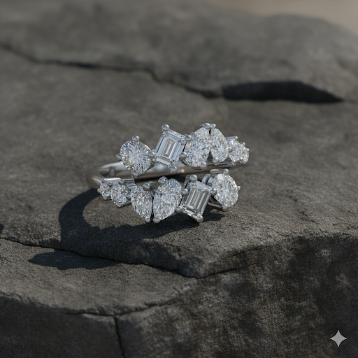 An alternate image view of a 14k white gold ring, showing the flowing pavé band and the elevated diamond cluster.