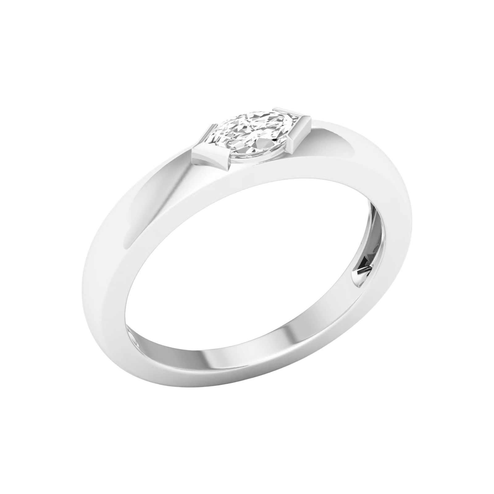 An angled view of a 14K white gold bypass ring, showcasing the bezel-set round diamond and the elegant curve of the band.