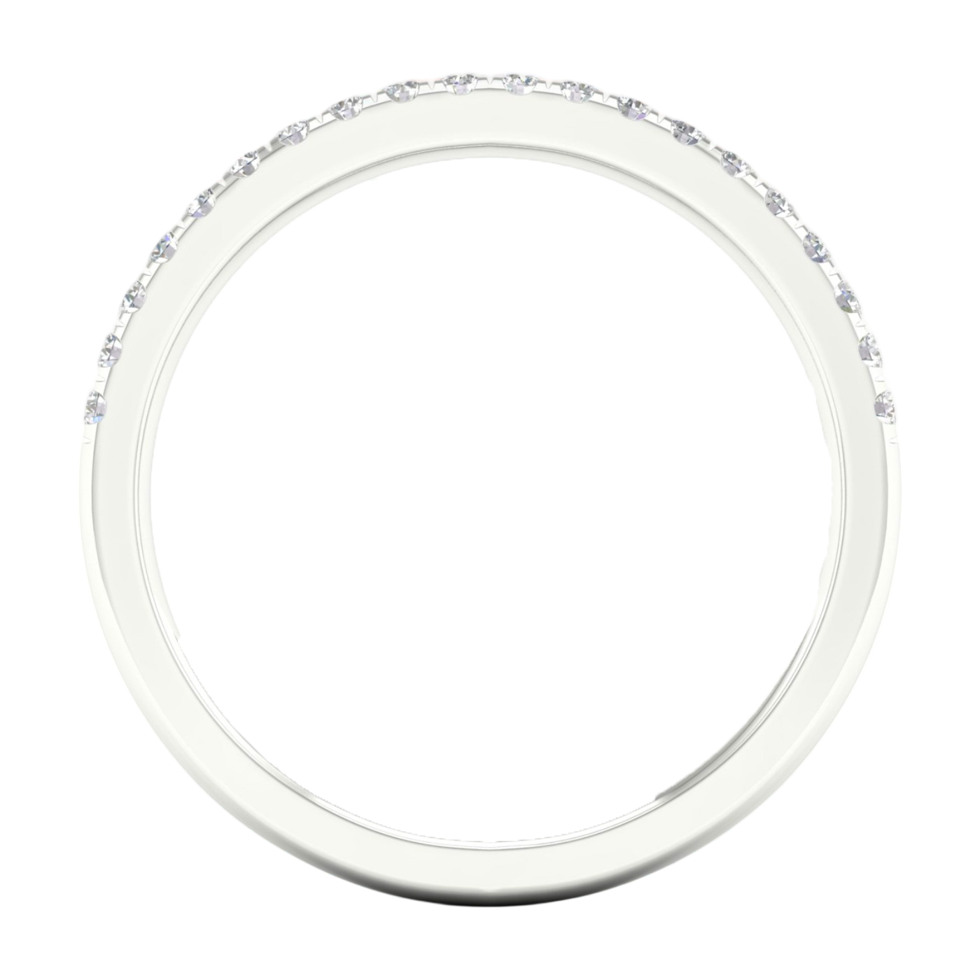 A side-profile view of a 14K white gold ring, showing the delicate band and the flush-set jewels.