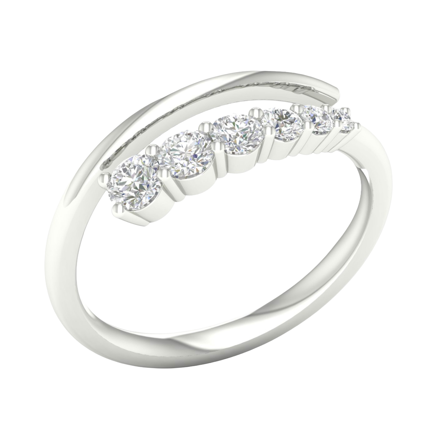 An angled view of a 14K white gold open-shank ring, showcasing the brilliant bezel-set diamonds in a swirling design.
