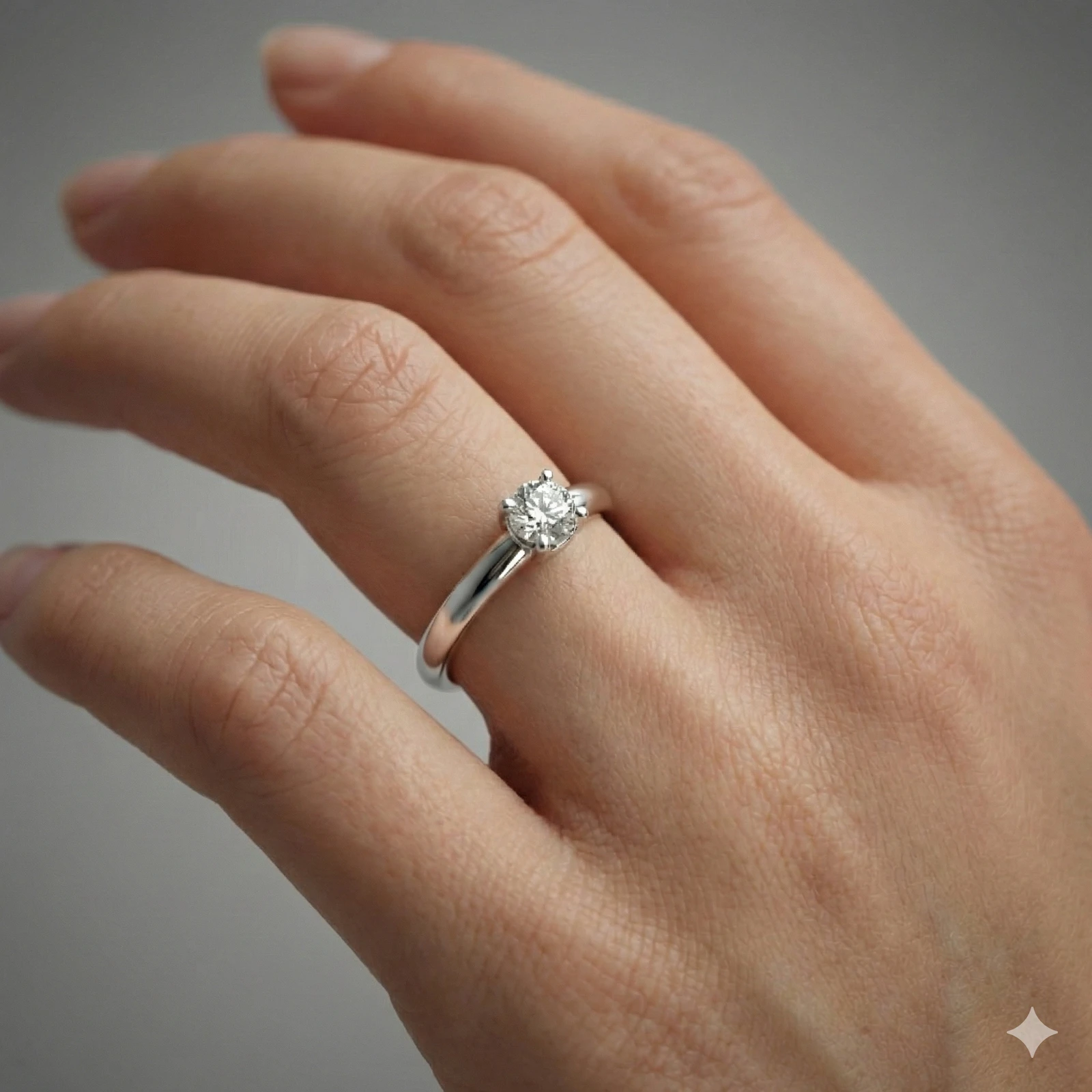 A top-down view of a 14K yellow gold ring with a round diamond and a pavé halo on hand.