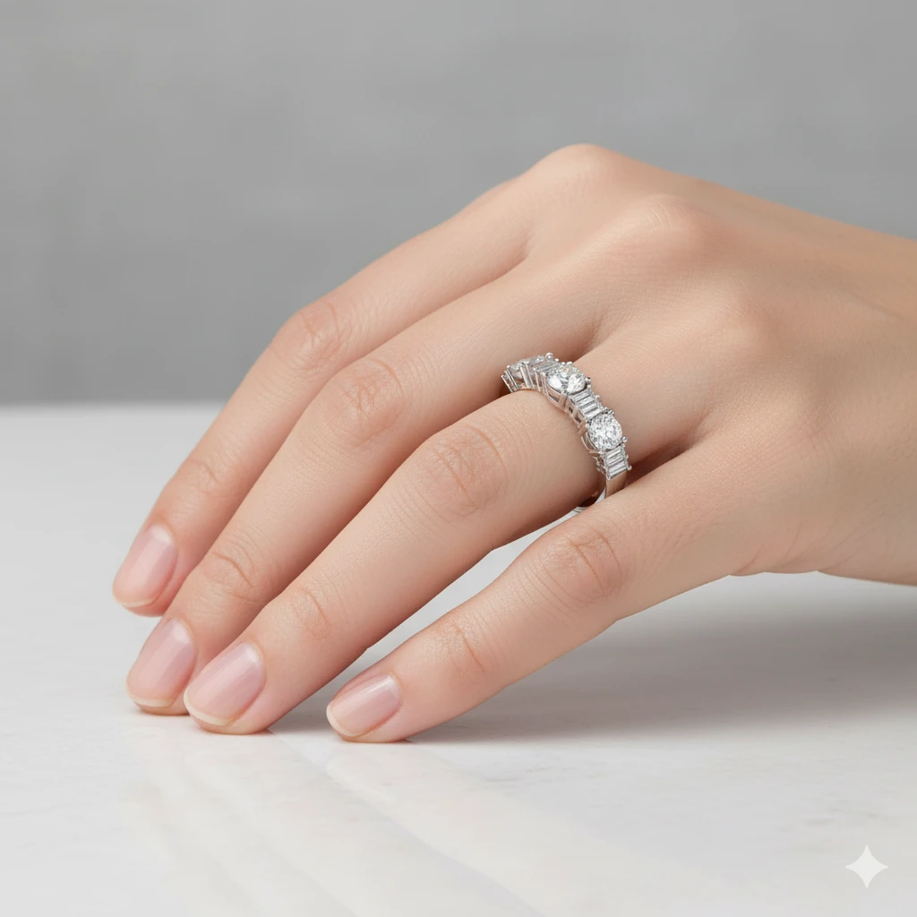 An angled view of a 14K white gold eternity band, showcasing the brilliant, alternating diamond pattern on a hand.