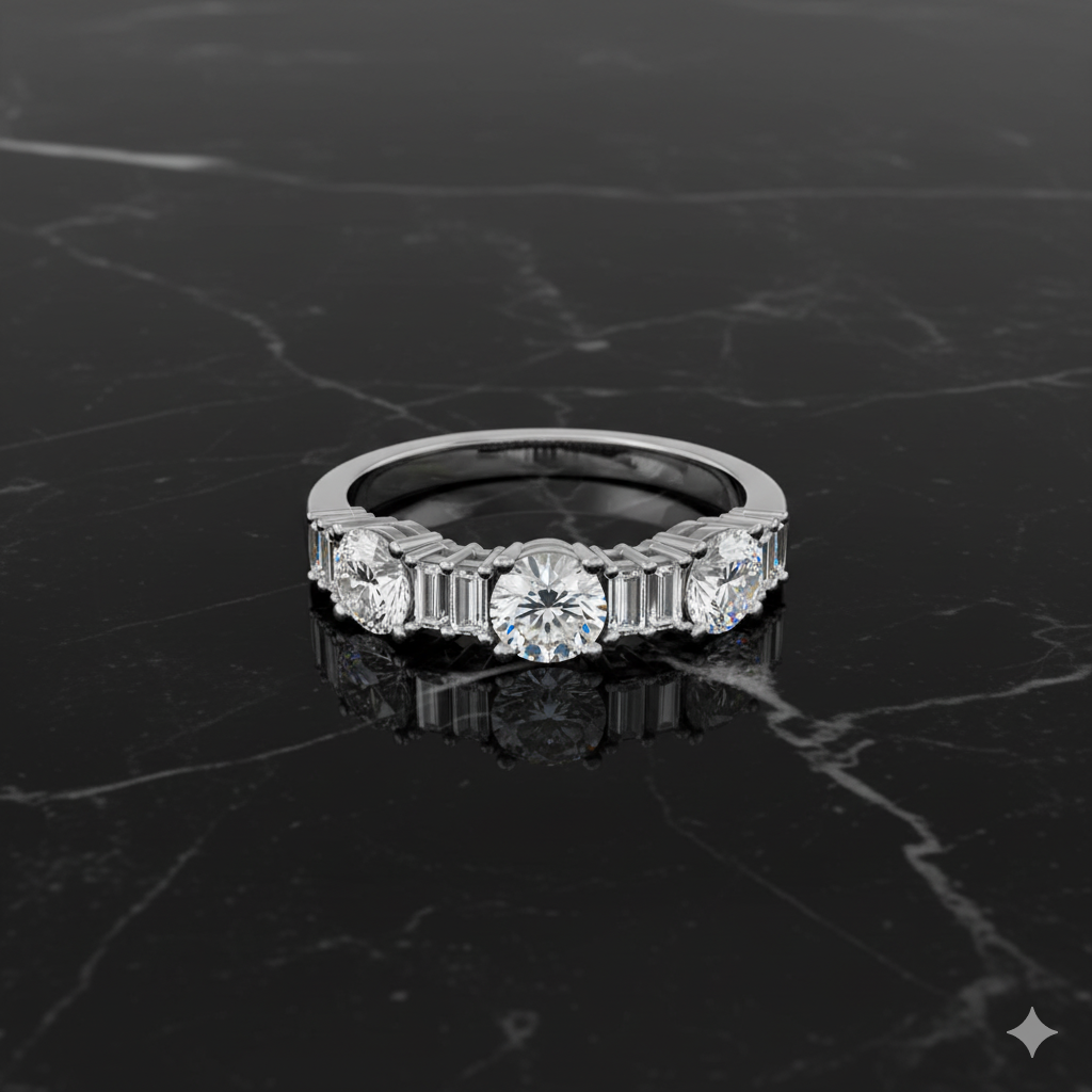 An angled view of a 14K white gold eternity band, showcasing the brilliant, alternating diamond pattern on a marble background.