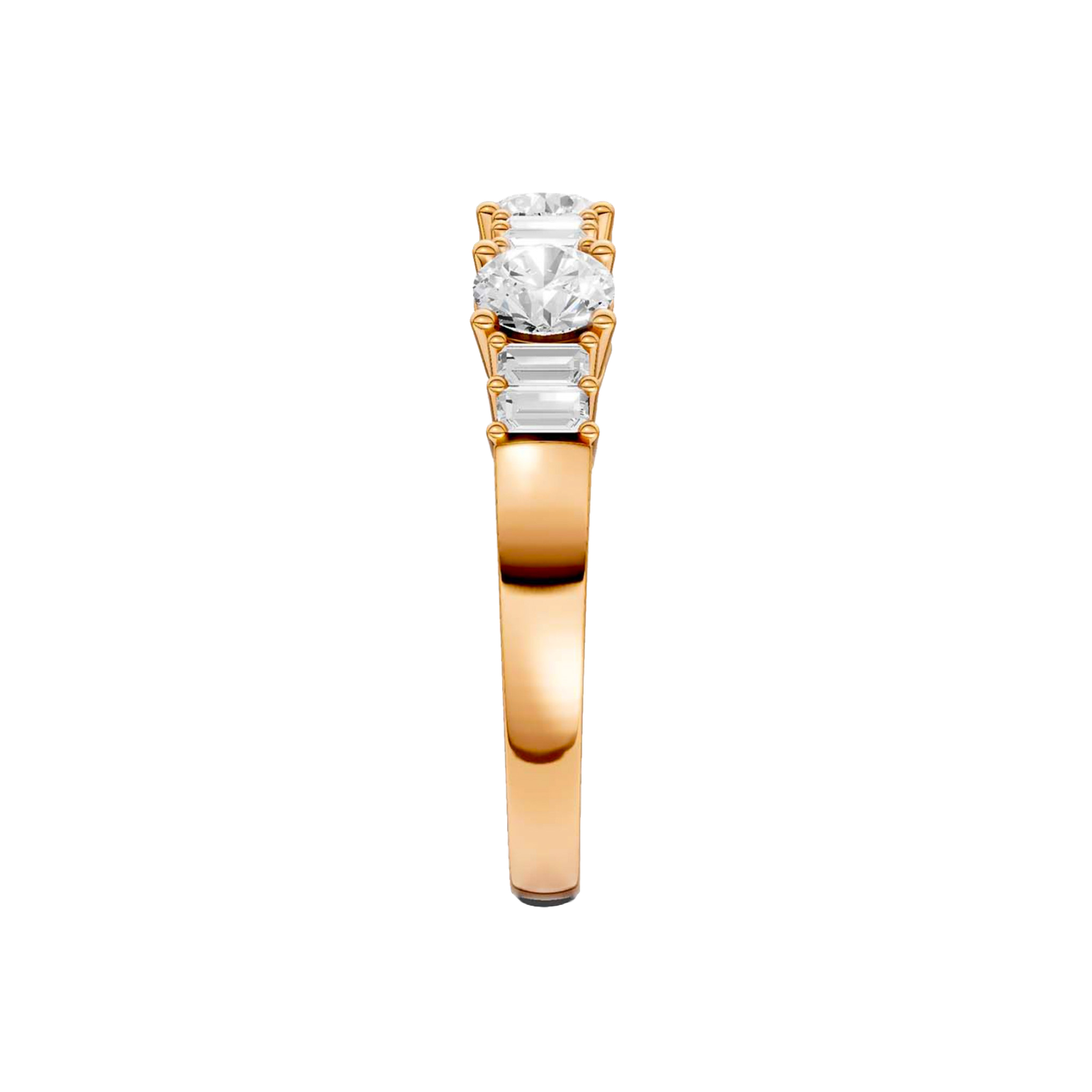 A side-profile view of a 14K rose gold eternity band, showing the open setting of the diamonds.