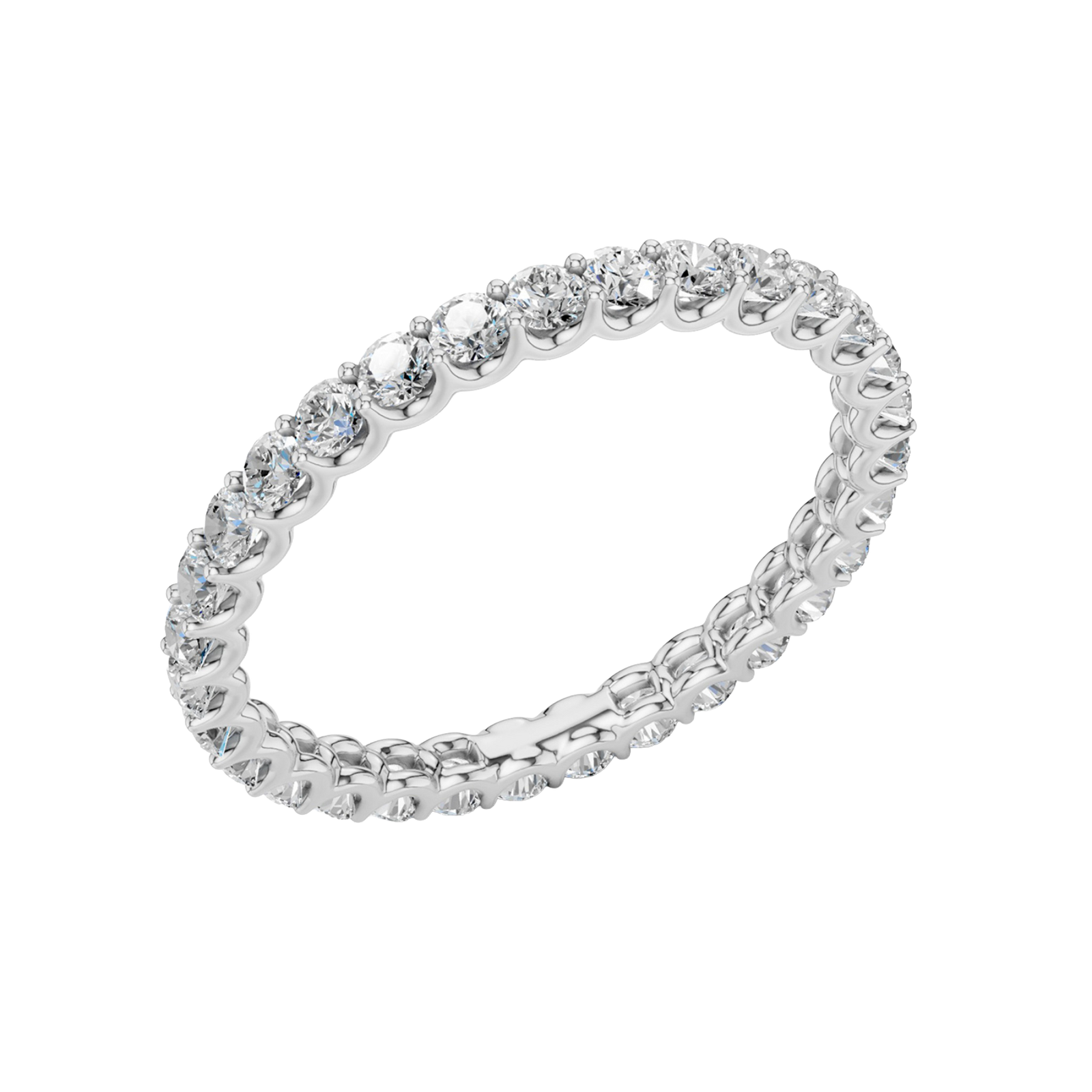 Amorati Diamonds, Infinity Loop Full Eternity Ring, an angled view of a 10K white gold eternity band, showcasing the brilliant row of round jewels.