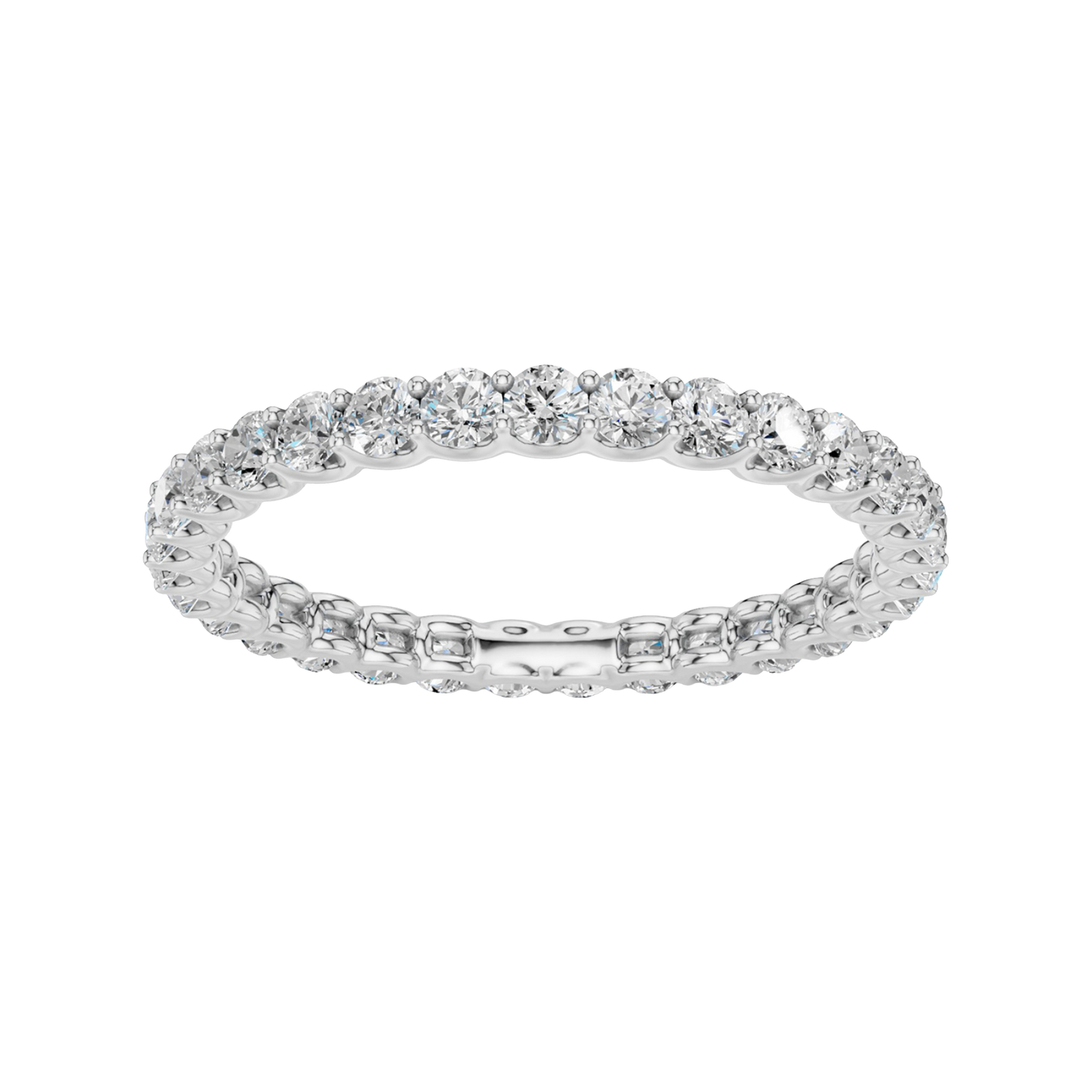 Amorati Diamonds, Infinity Loop Full Eternity Ring, a top-down view of a 10K white gold eternity band with a continuous line of brilliant round jewels.