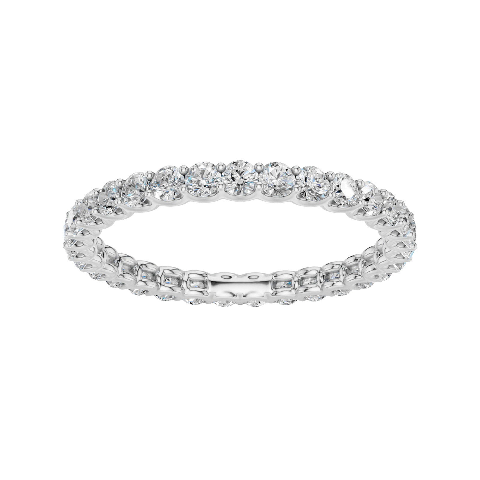 Amorati Diamonds, Infinity Loop Full Eternity Ring, a top-down view of a 10K white gold eternity band with a continuous line of brilliant round jewels.