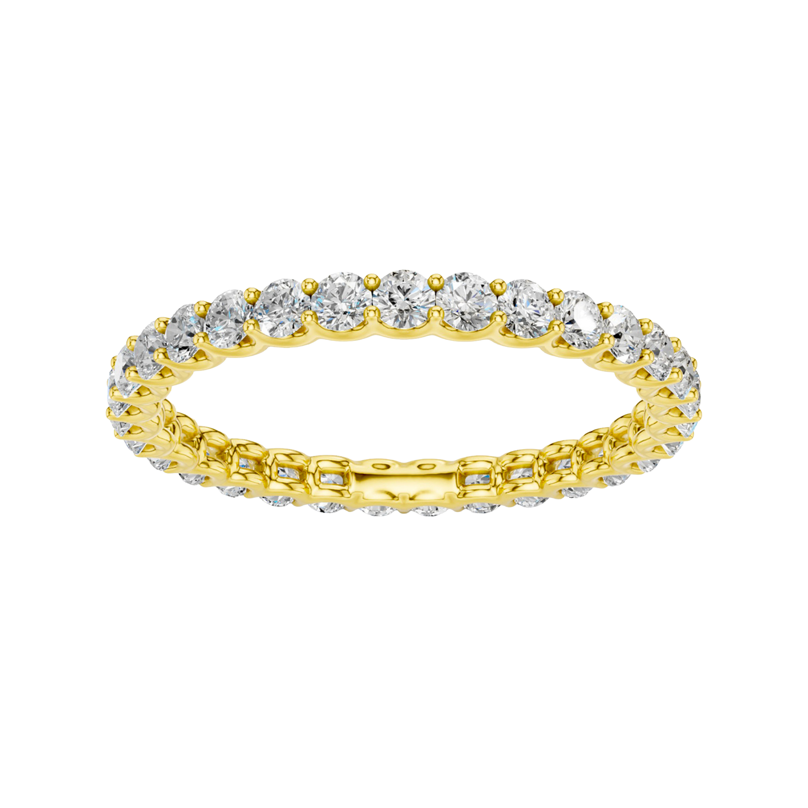 Amorati Diamonds, Infinity Loop Full Eternity Ring, a top-down view of a 10K yellow gold eternity band with a continuous line of brilliant round jewels.