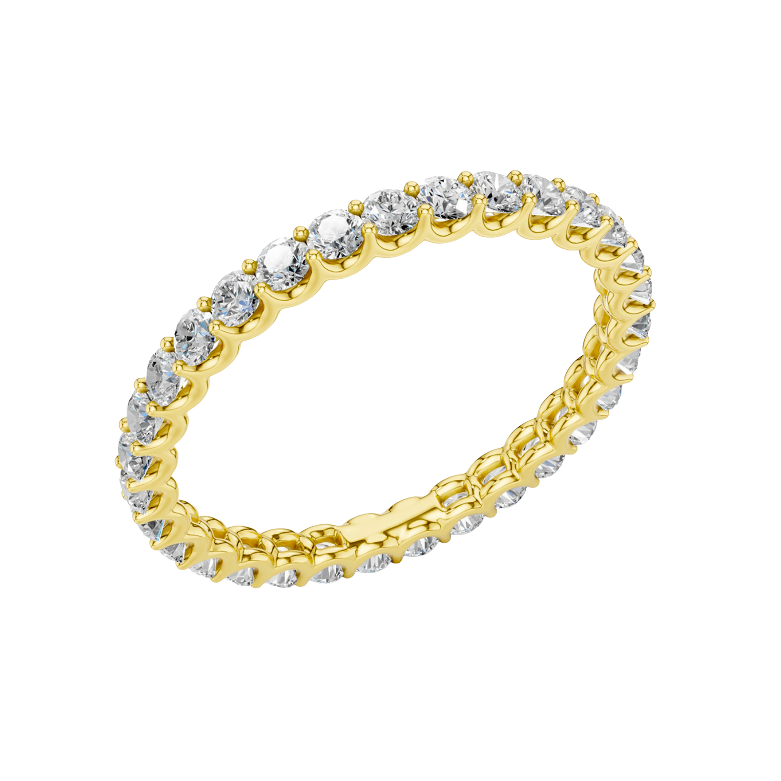 Amorati Diamonds, Infinity Loop Full Eternity Ring, an angled view of a 10K yellow gold eternity band, showcasing the brilliant row of round jewels.