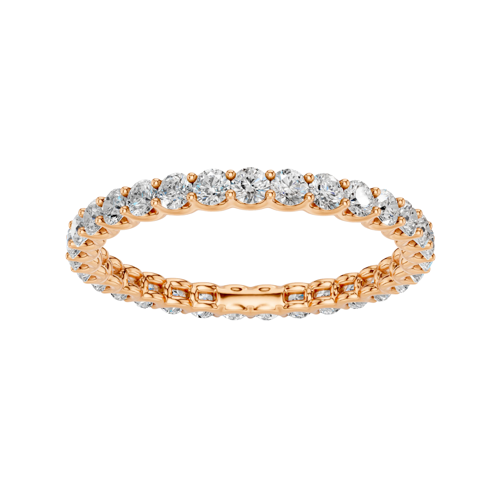 Amorati Diamonds, Infinity Loop Full Eternity Ring, a top-down view of a 10K rose gold eternity band with a continuous line of brilliant round jewels.