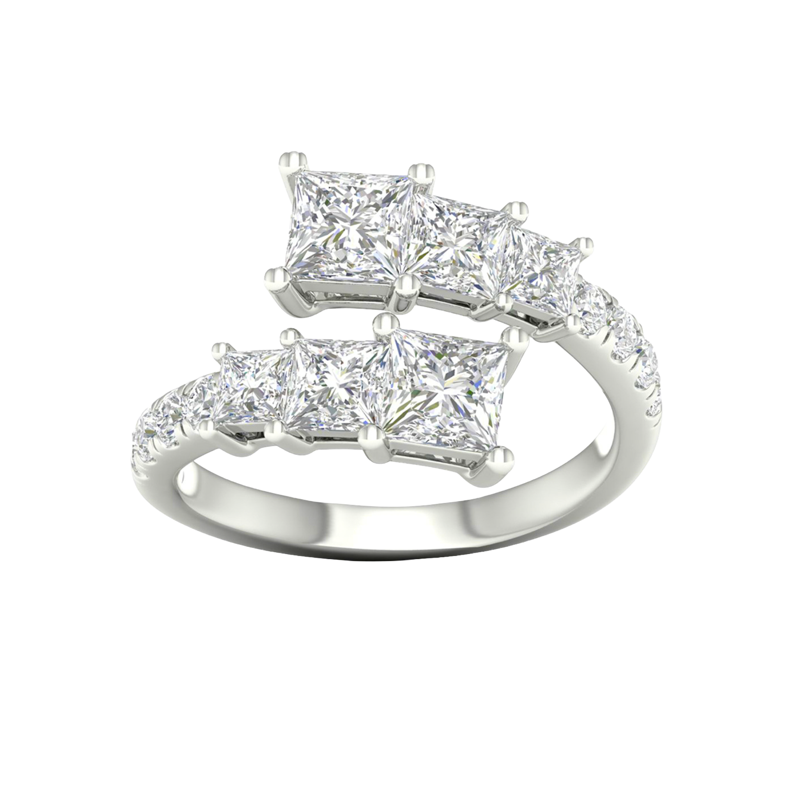A top-down view of a 14K white gold ring with an asymmetrical cluster of princess-cut and baguette diamonds.