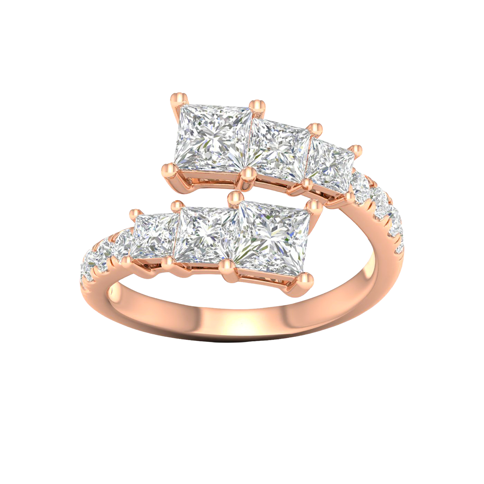 A top-down view of a 14K rose gold ring with an asymmetrical cluster of princess-cut and baguette diamonds.