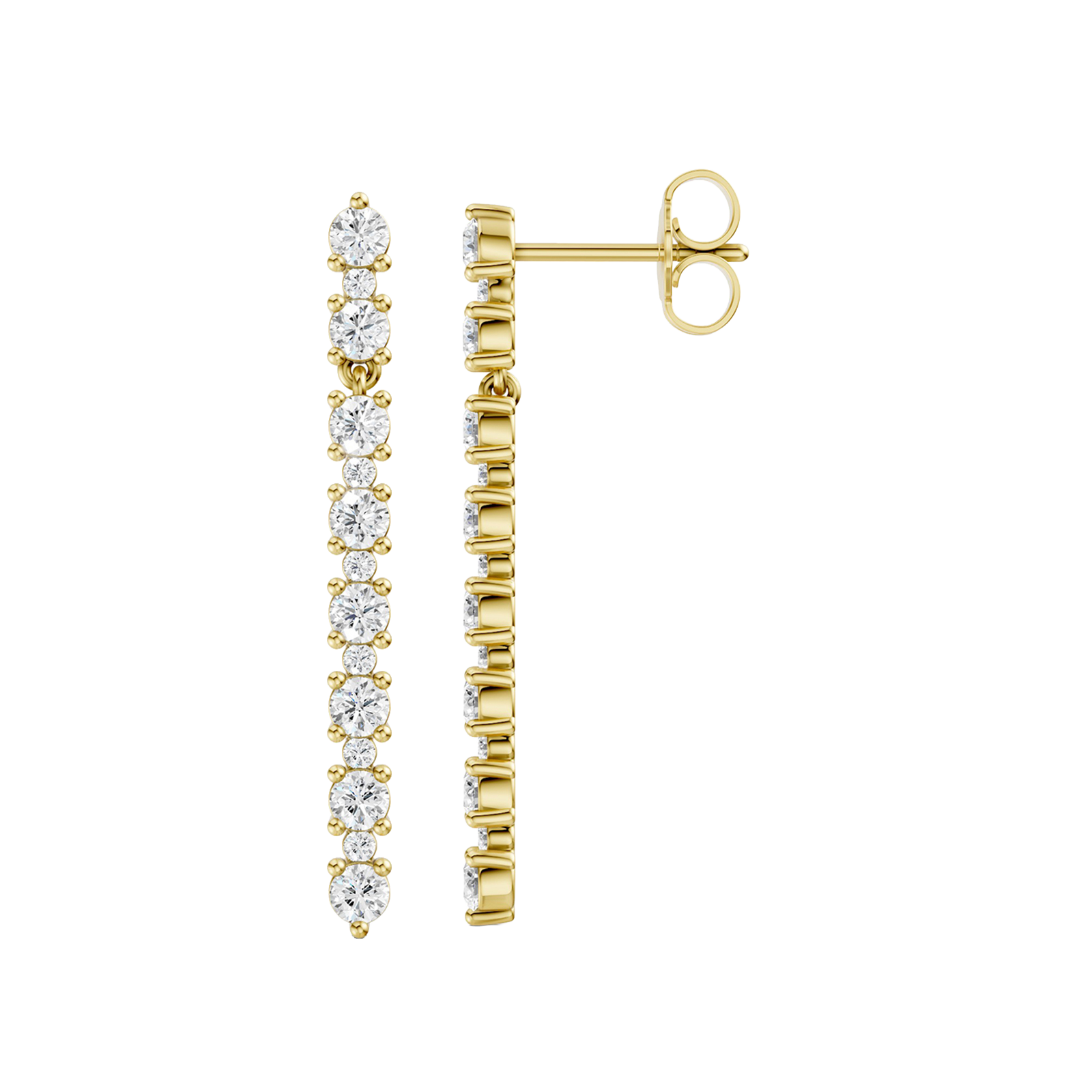 A front and side profile view of a 14K yellow gold vertical drop earring, showing the sleek design and a continuous line of diamonds.