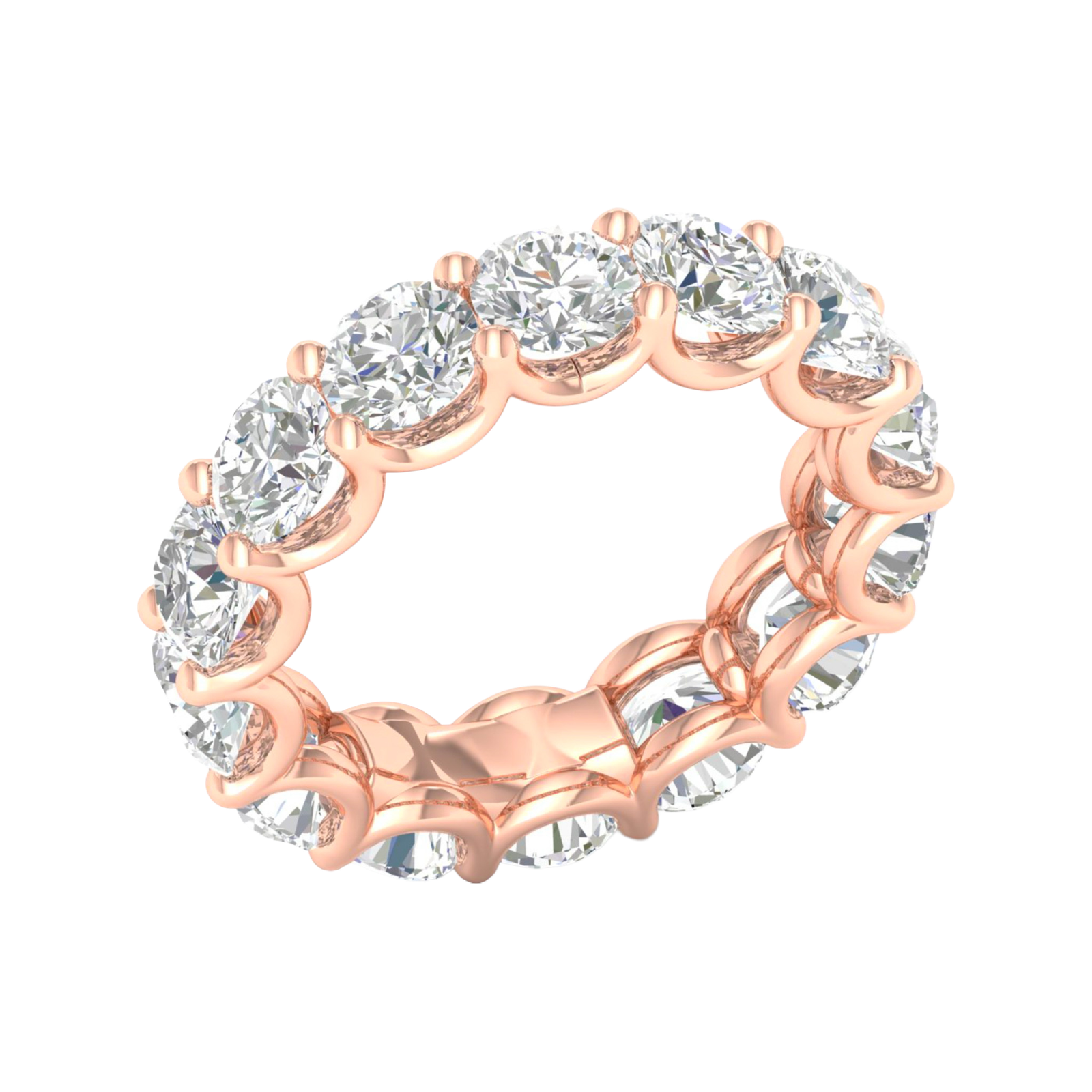An angled view of a 14K rose gold ring, showcasing the seamless brilliance of the bezel-set jewels.