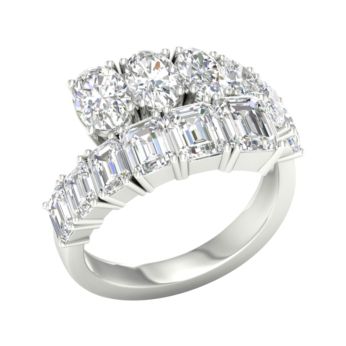 An angled view of a 14K white gold ring, showcasing the brilliant, mixed-shape diamond cluster.