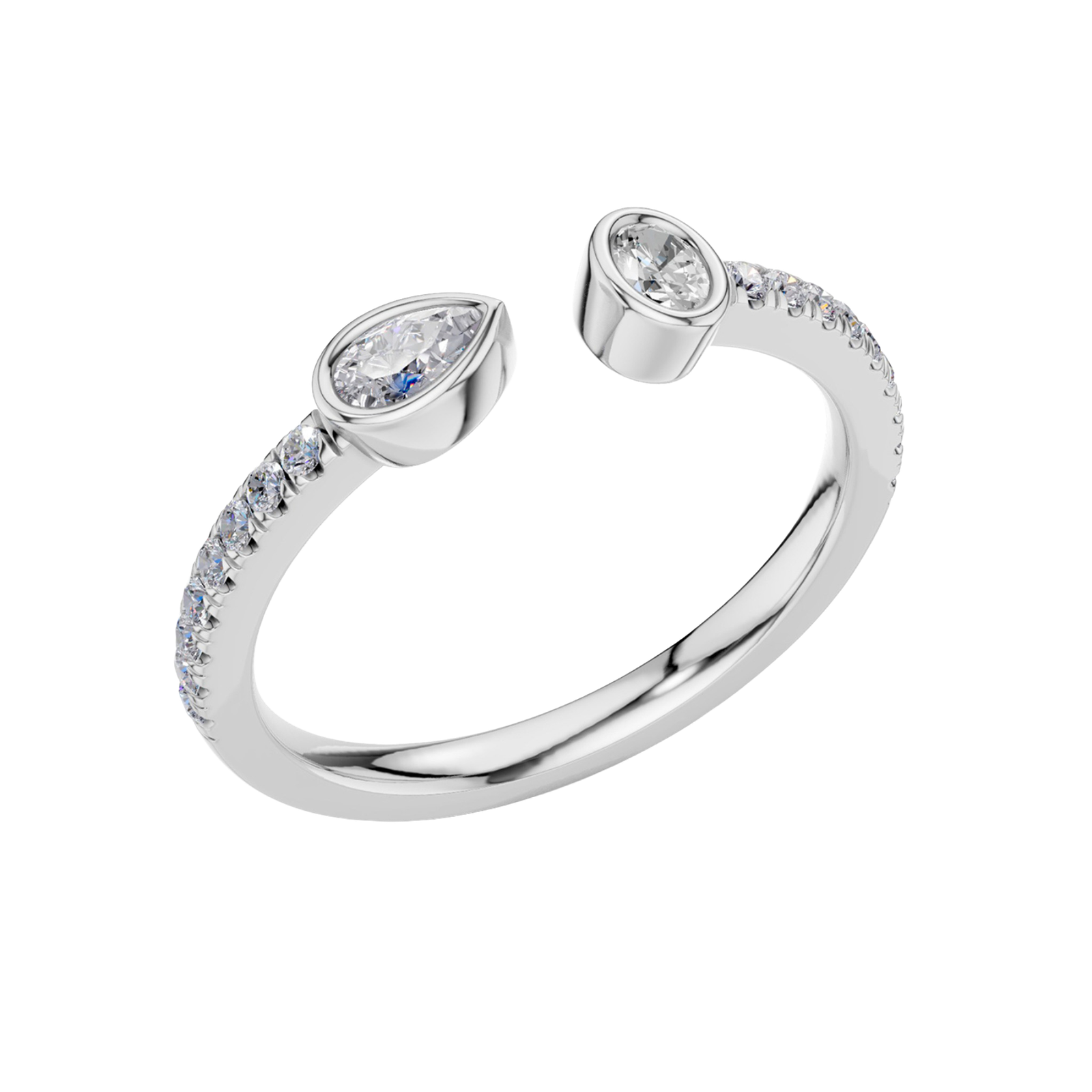 An angled view of a 14K white gold bypass ring, showcasing the pear-shaped diamond and the pavé band.
