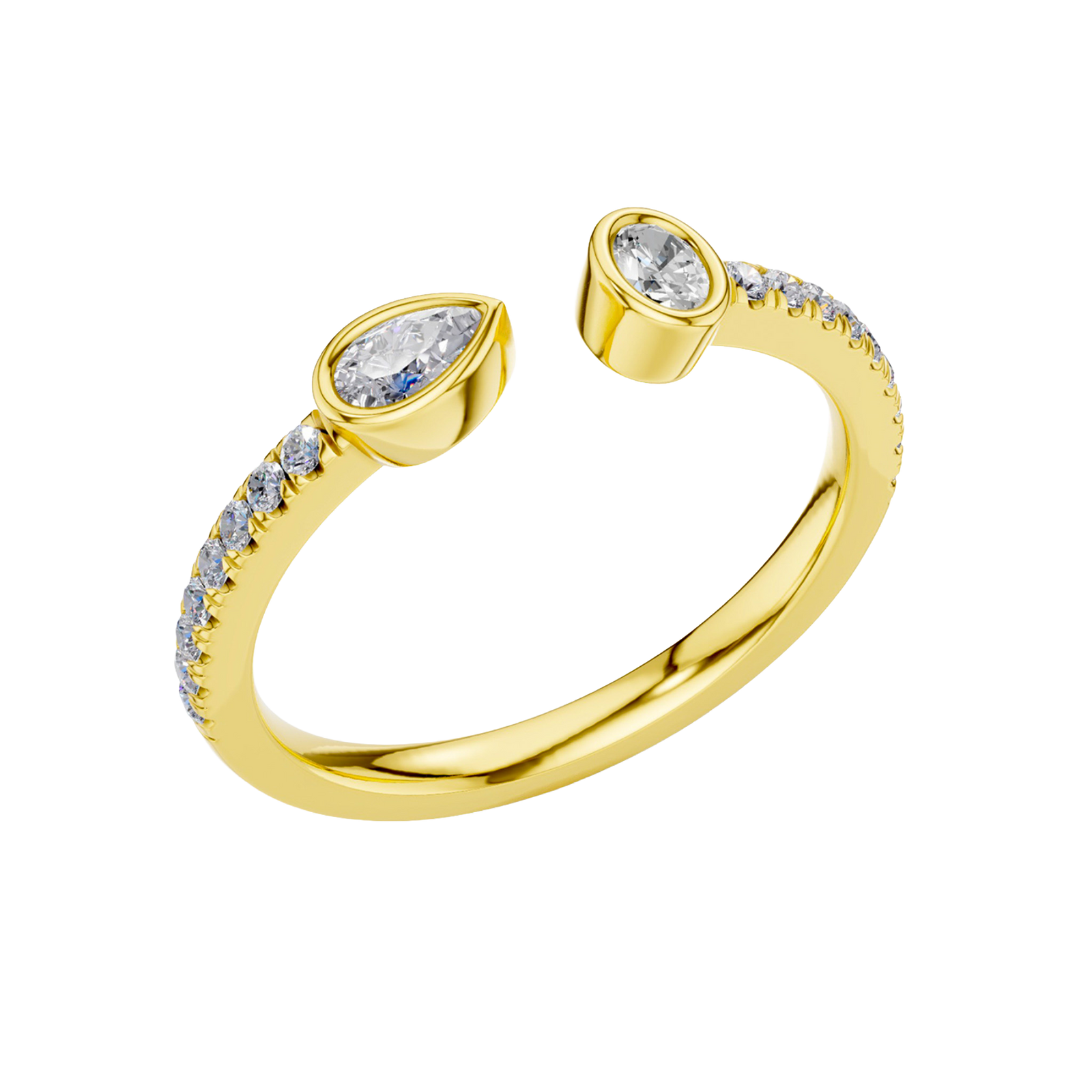 An angled view of a 14K yellow gold bypass ring, showcasing the pear-shaped diamond and the pavé band.