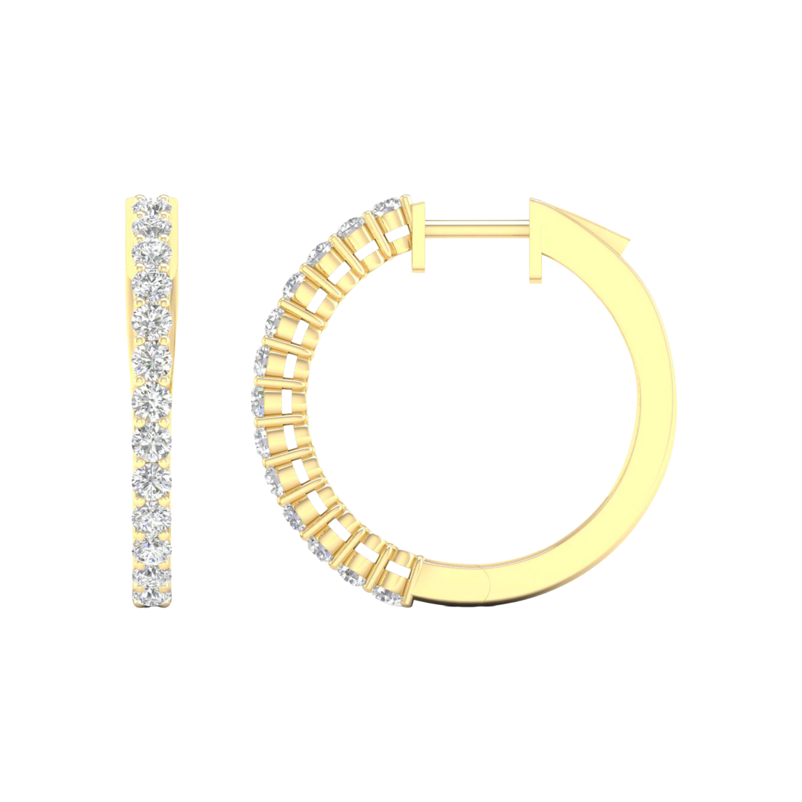 A front and side view of a pair of 14K yellow gold hoops, highlighting the all-around sparkle from the continuous line of diamonds.