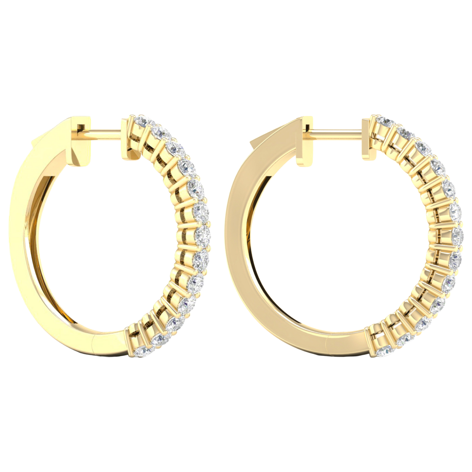 A pair of 14K yellow gold hoop earrings, shown from a side angle, highlighting the line of diamonds and the hinged closure.