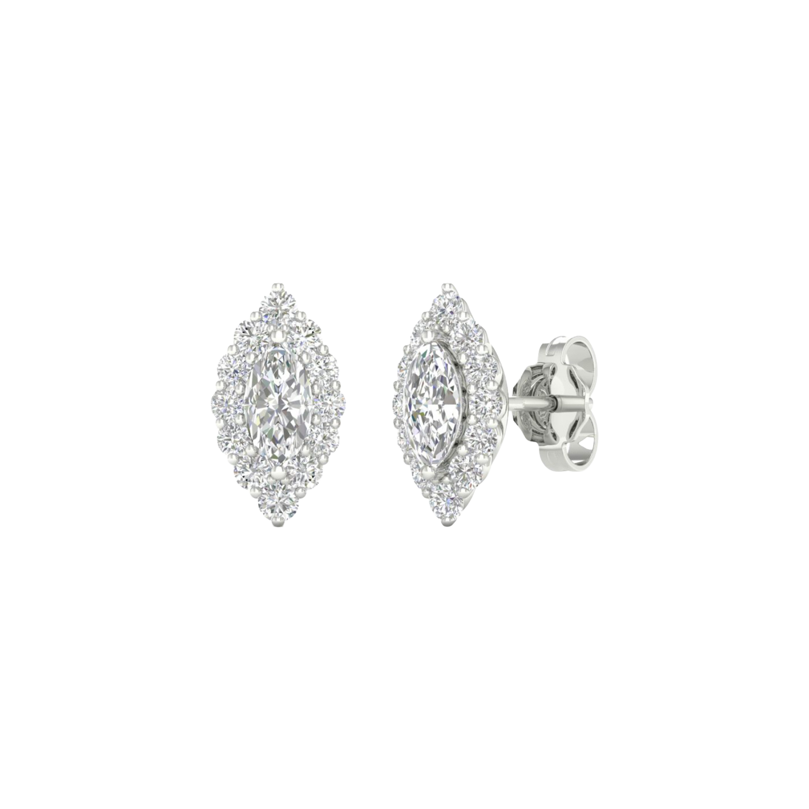 An angled view of a pair of 14K white gold stud earrings, showcasing the ornate diamond cluster and halo.